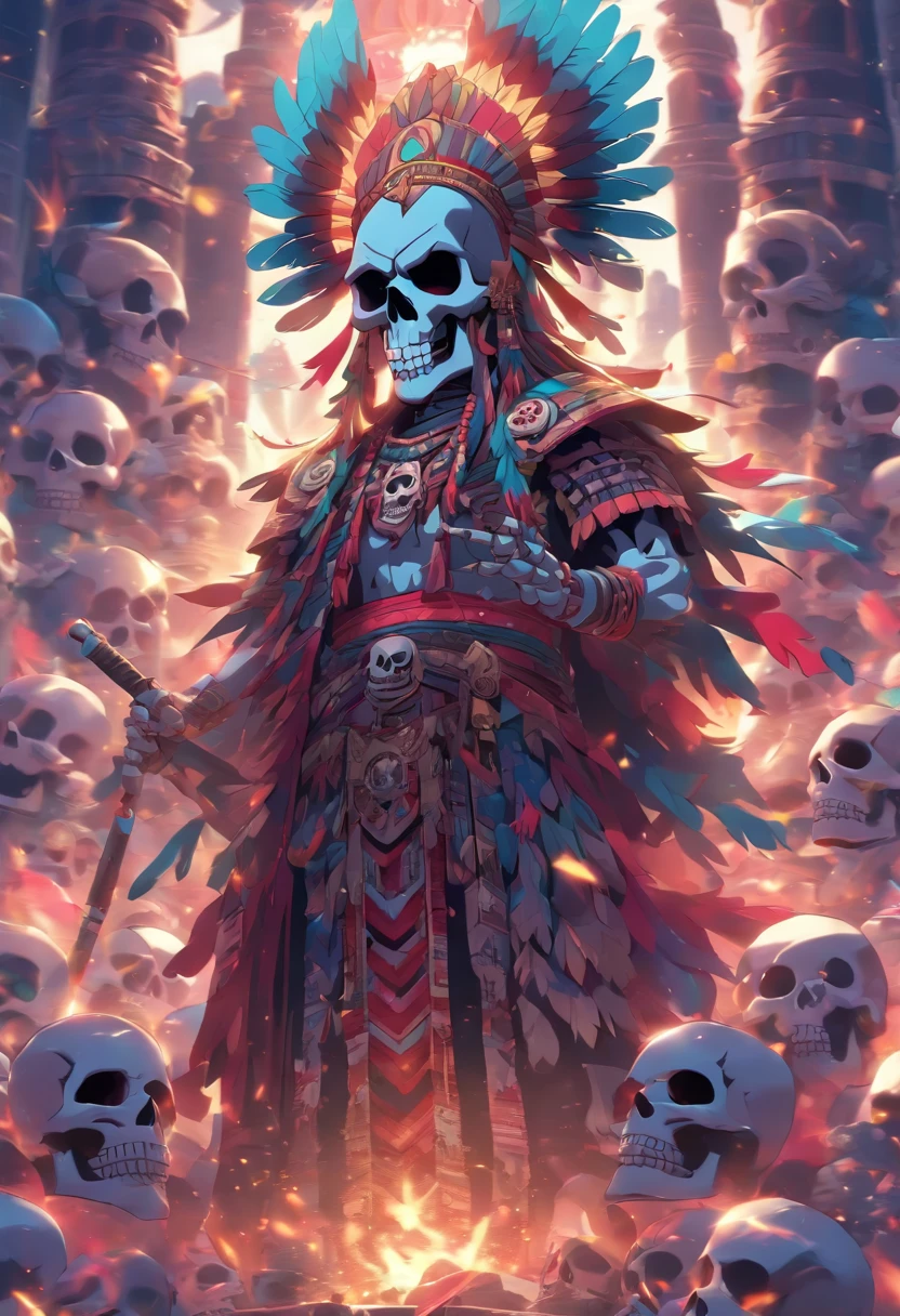 (((Skull God))) best quality, very high resolution, 4K detailed CG, masterpiece, Mayan mythology, god of death, Cizin, colorful feathers, Mexico, standing pose, Mayan clothing, Mayan city, aesthetics, beautiful image, centered on the screen, standing pose
