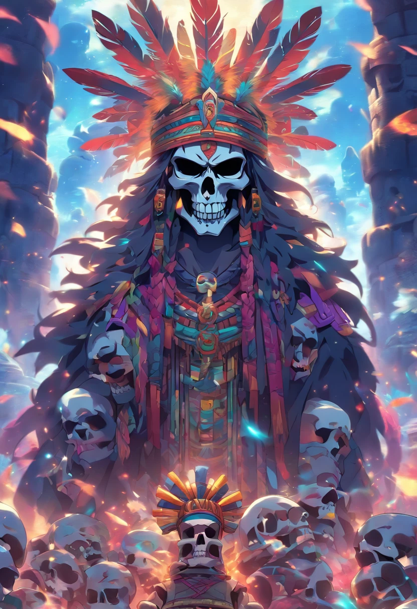 (((Skull God))) best quality, very high resolution, 4K detailed CG, masterpiece, Mayan mythology, god of death, Cizin, colorful feathers, Mexico, standing pose, Mayan clothing, Mayan city, aesthetics, beautiful image, centered on the screen, standing pose
