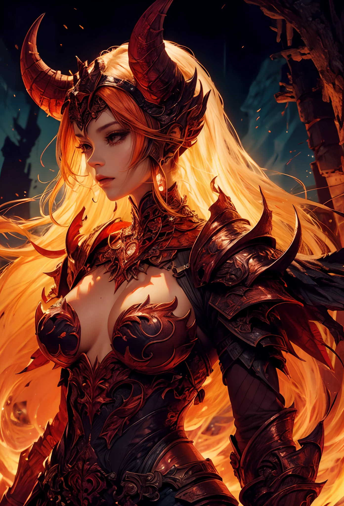 (Detailed illustrations,Very detailed and detailed drawing,Delicate lines with slow and rapid,Realistic texture expression),[Color tressed main line],[Lava cave background [Hot hell:0.4]],HENAI ANIME (Red-skinned DemonGirl 19 years old slender muscular) Flame hair (Devil's Knight:0.8),(Bone armor [crack in the chest:0.6] [Blade of Fresh Blood:0.4]) (edg),[[Dark Fantasy]],(Intricate and beautiful decoration [Dense detail]),(Fine and beautiful skin expression [Transparency]),[Perfect eye details (Iris beautifully drawn in every detail)[Jewel-like eyes]],[long and beautiful eyelashes],[Meticulously drawn hair [More on beautiful and shiny hair]],(Perfect hand details [Beautiful fingers without breakdowns [Beautiful nails]]),(Perfect ??????? (Perfectly proportioned)) [[Full body like]],[Ideal color coordination(Accurate simulation of light-material interactions)],(HighQuality,[Precision Detail] hight resolution,(detaileds,high-detail)),[Visual art that conveys a sense of narrative].