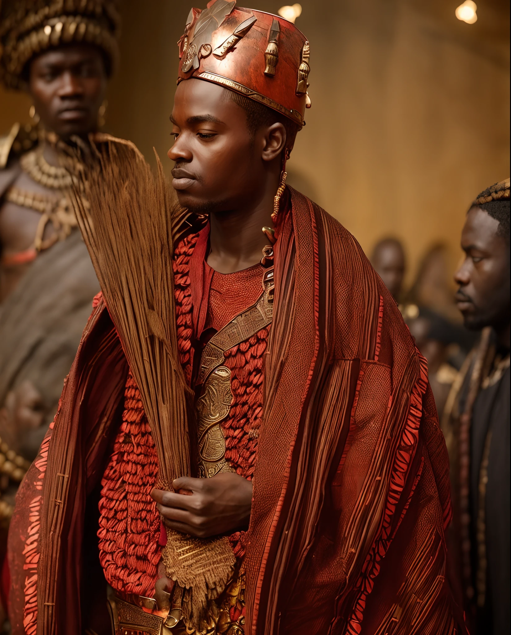 An african god wearing a tribal king red armor and holding strawn, afrofuturism, ultra quality, detailed face, king, warrior, intricate details