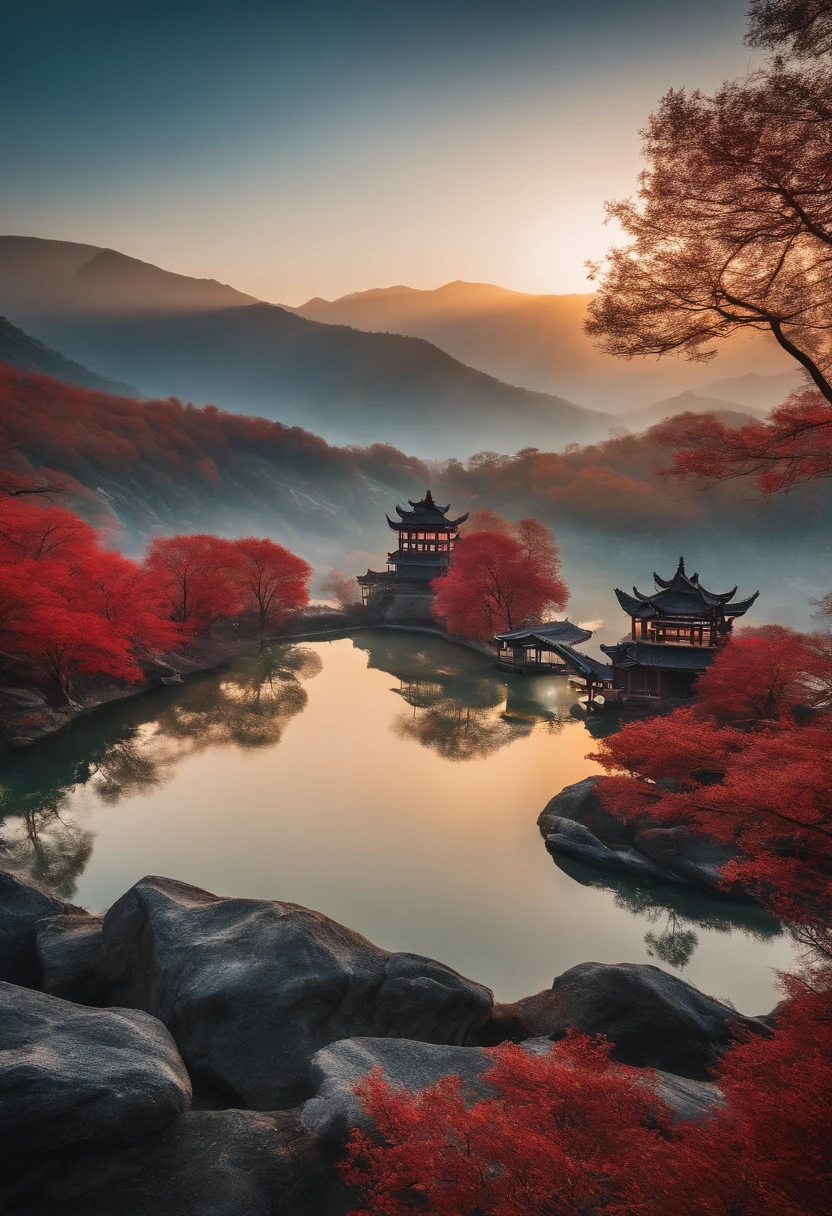 Color photo of Chinese national trends, With intricate patterns and stark contrasts. The surroundings of the theme are reminiscent of Mount Tarzan. Shoot with a camera model that emphasizes the original photographic style. The lens focal length used is suitable for capturing the essence of the input. The composition of the photo enhances the impression of the product box, It contains an artificial cartilage metamaterial insole. The photo has an aspect ratio of 16:9, Audio at 5.1 Surround sound.