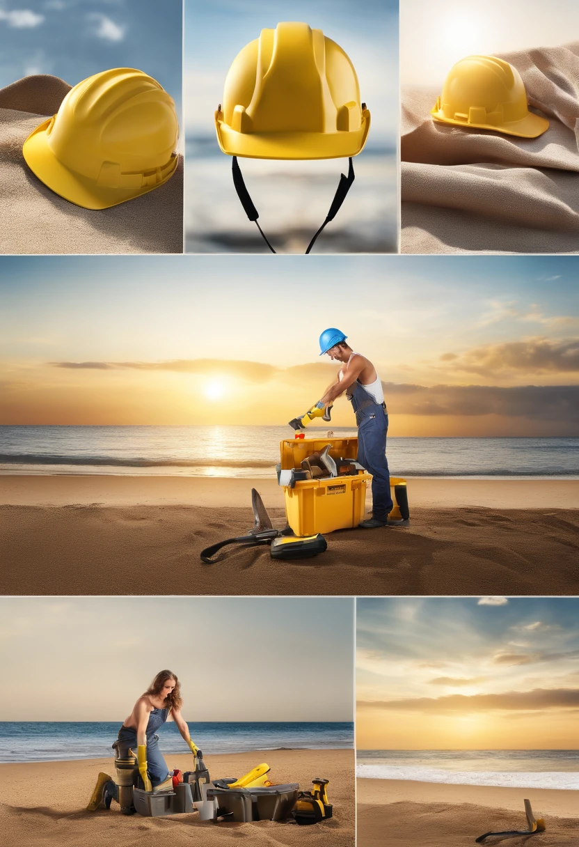 (best quality,4k,8k,highres,masterpiece:1.2),ultra-detailed,(realistic,photorealistic,photo-realistic:1.37),3D rendering,beach backdrop,(saltwater,sea water:0.9) reflective,(golden,sandy:0.9) beach,clear blue sky,warm sunlight,me as a skilled handyman,expertly using tools,detailed workbench covered with variety of tools,creative and resourceful,wear a tool belt with multiple compartments,hard hat for safety,doing DIY home improvement projects,(building,constructing:1.1) a stylish beach hut,adding intricate details and finishing touches,painting the hut with vibrant colors,(hammering,nailing:1.1) wooden planks together,concentrated facial expression,holding a power tool with precision,measuring and cutting materials accurately,well-organized toolbox with labeled compartments,sturdy work boots,working with determination and confidence,enjoying the process of creating something beautiful,feeling accomplished and satisfied with the progress,peaceful and serene atmosphere,enjoying the sound of waves crashing on the shore,gentle breeze blowing through my hair,feeling content and relaxed,endless possibilities of creating and building on the beach.