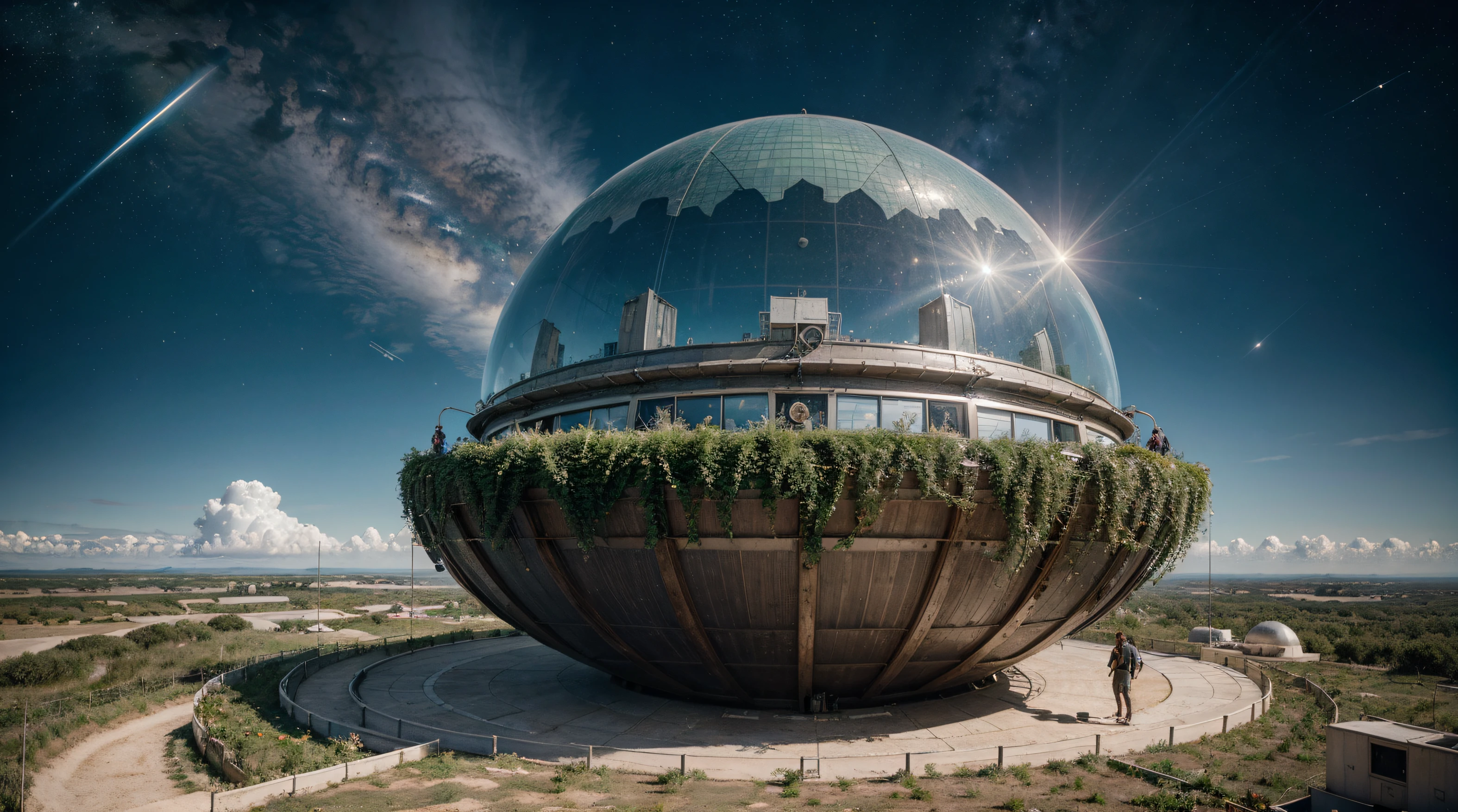 (best quality,4k,8k,highres,masterpiece:1.2),ultra-detailed,(realistic,photorealistic,photo-realistic:1.37),spaceship life,planting,happiness,universe travel,illustration,vibrant colors,galactic light effect,star-filled background,sunlight streaming through windows,spacious interior,greenery in space,hexagonal garden beds,botanical oasis,emerald plants in zero gravity,flourishing trees floating in the air,joyful crew members tending to the garden,laughing and chatting,feeling the connection to nature,large windows overlooking breathtaking celestial landscapes,cosmic wonders and galaxies passing by,the beautiful Earth visible from afar,the crew exploring new worlds,diverse alien species sharing knowledge and peace,a sense of awe and wonder,harmony between technology and nature,spaceship as a sustainable habitat,ecosystems carefully designed to support life,clean air and fresh,homegrown food,feeling of serenity and fulfillment,continuous journey of discovery and growth,immersed in the beauty of the universe,embracing the vastness of space,spreading joy and happiness throughout the cosmos.