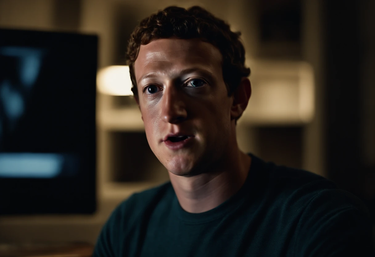 Mark Zuckerberg turns into a shadow demon with large eyes and large black pupils from the ARG Mandela Catalogue creepypasta series, center of screen, staring at camera, recording on VHS, bad quality youtube video