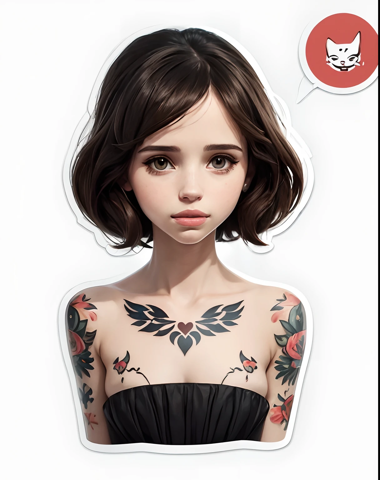 (sticker:1.5), 2d , draw, illustration, a cute felicity jones portrait, symmetrical, tattoos, sharp edges, (white background:1.2), masterpiece, best quality