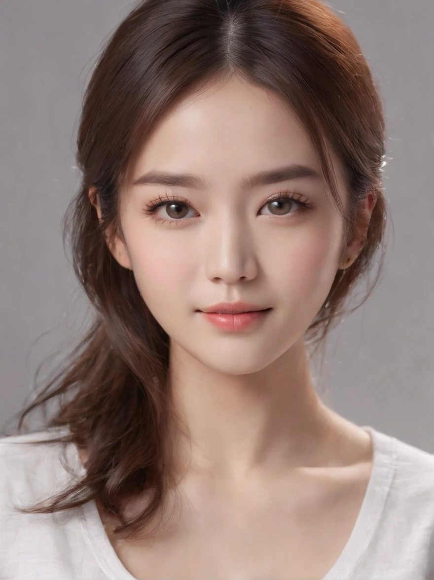 (Photo: 1.3) in the (Realistic: 1.3), Women in Japan, a beautiful detailed girl、Beautiful fine eyes、a smile、Soft light, Clear face, (front), ((White T-shirt)), Cheerful, Warm light, ((Gray-white gradient background)), (Background)) 、avatar,(shinny hair),Beautiful,年轻,,Medium hair,((avatar))、The upper part of the body、Constricted waist、(medium chest)、is standing、