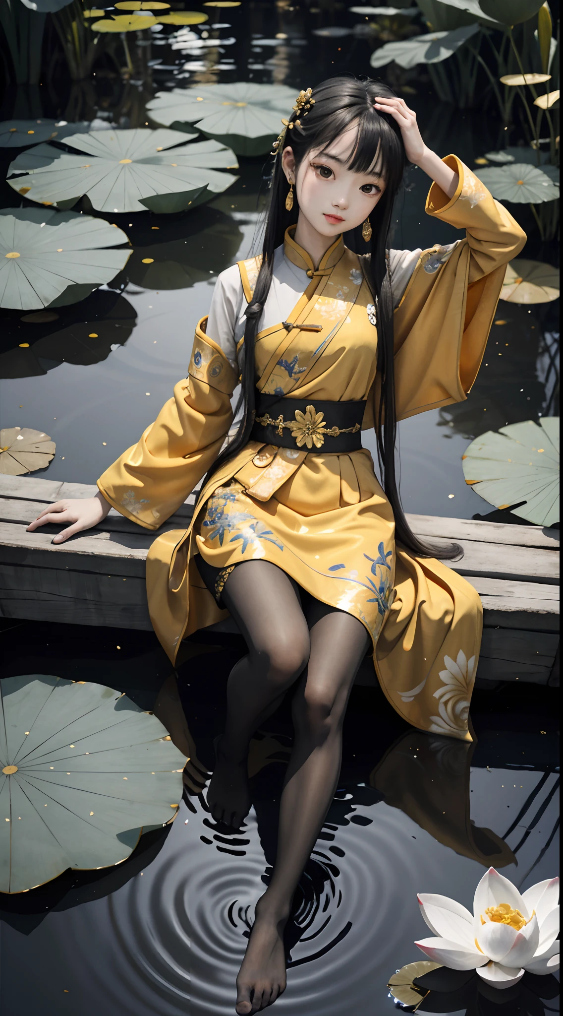 hoang lap,8K high resolution,ultra - detailed,(1girll:1.3),handpainted,Simple lines,-yeld giwearing golden Chinese clothes and black pantyhose,beuaty girl,In the lotus pond,tmasterpiece,Sit on a plank floating in the water,Floating hair,looking toward the viewer,ssmile,posed for photo,Put your hands behind your head