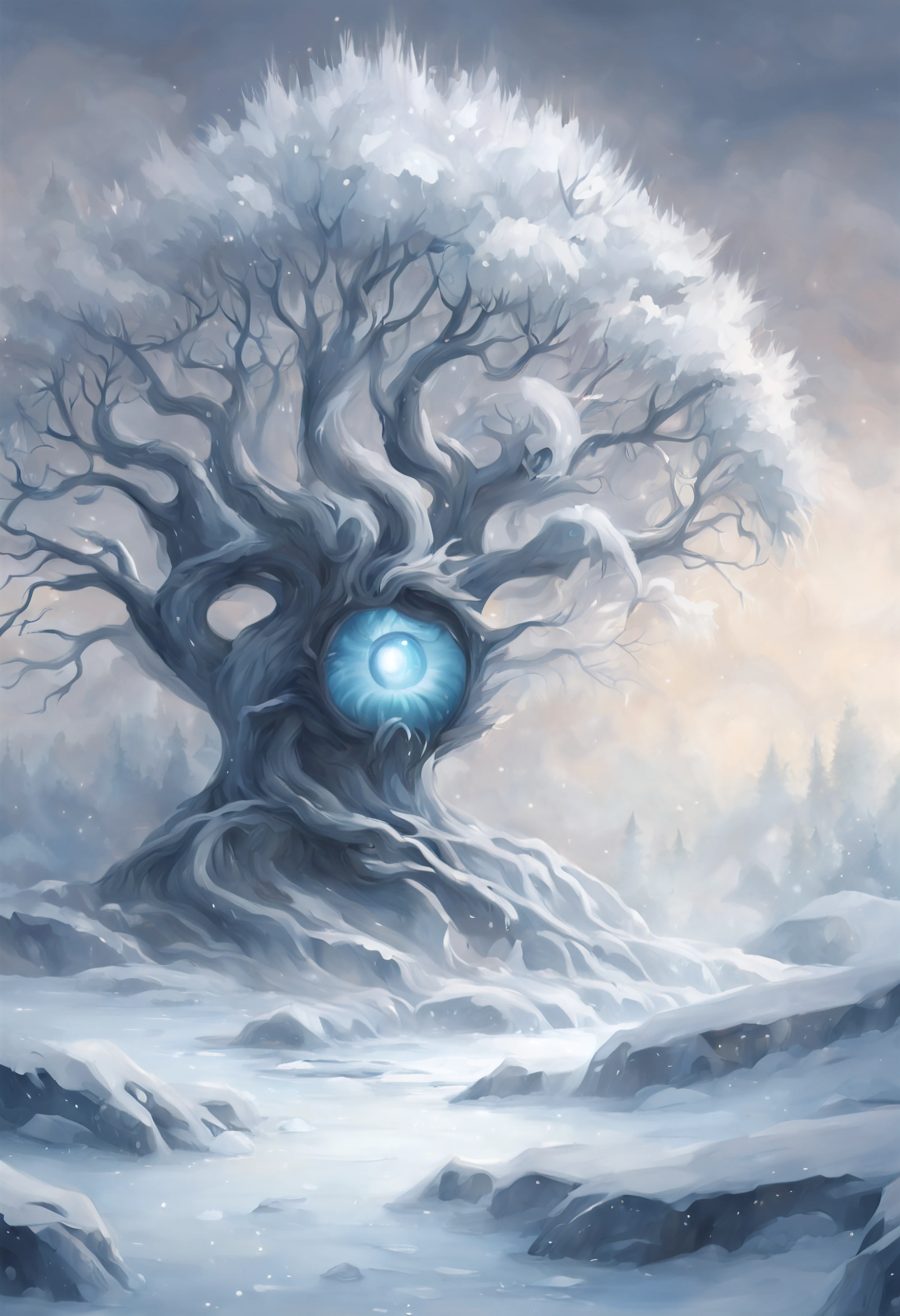 visual paradox, winter landscape, tree of life chibi monster, mouth, eyes, Ethereal, Fluid, Serene, alla prima, fantasy art, Mysterious