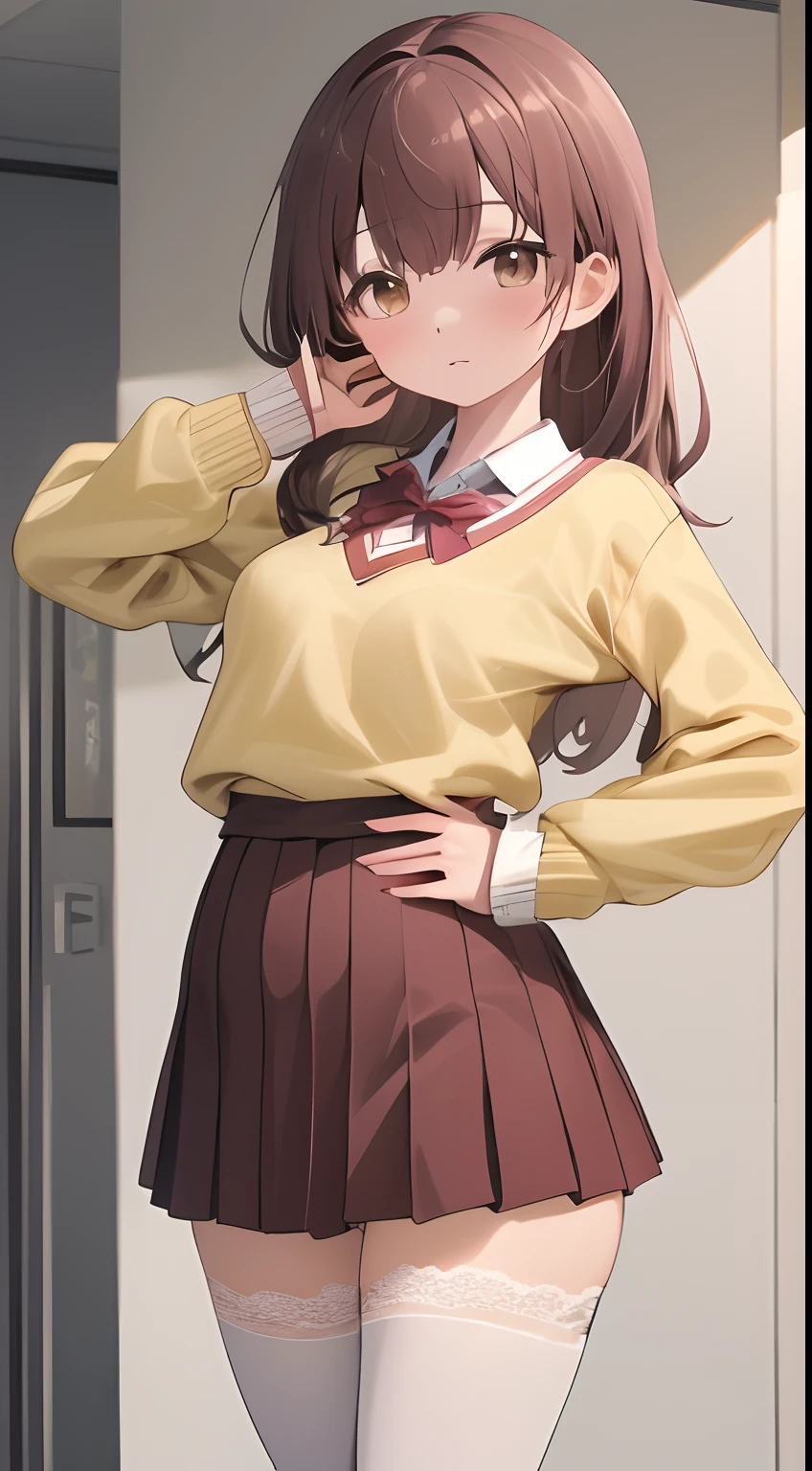 tmasterpiece, top-quality, A high resolution, KR1, with brown eye, bluntbangs, kibito high school uniform, skirt by the, Sweaters, pleatedskirt, sockes, small tits, Slouched, put hands on the hip,Beautiful perfect legs, Clean and perfect hands，Lace，pantiess，underdressing，White panty hose，sweat leggs，cleanness，leg wide open，Loves，，Loves，schools