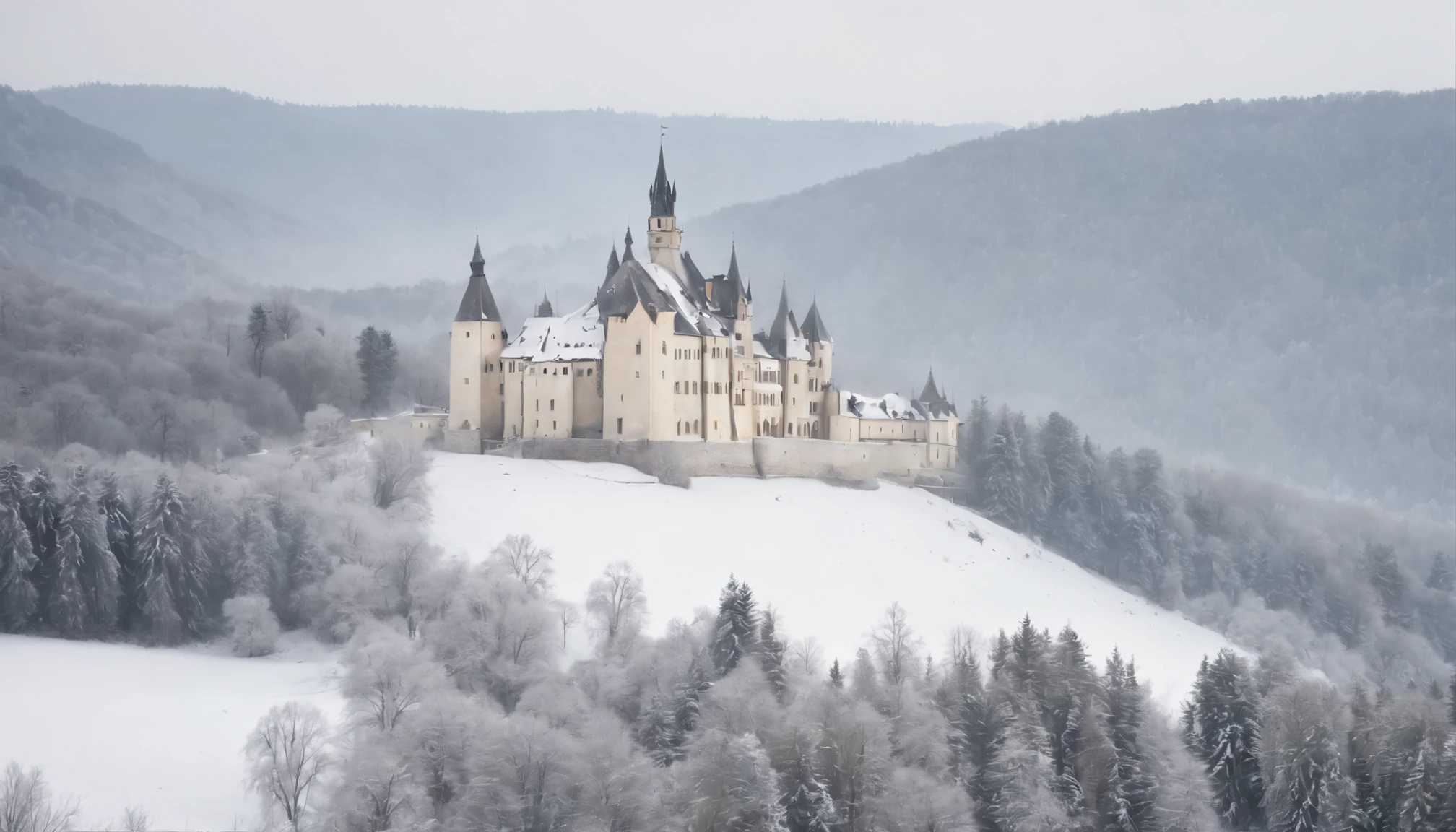 eastern european castle surrounded by fields forest and snow, gothic feel, winter, medieval Hungary, cinematic scene from film,