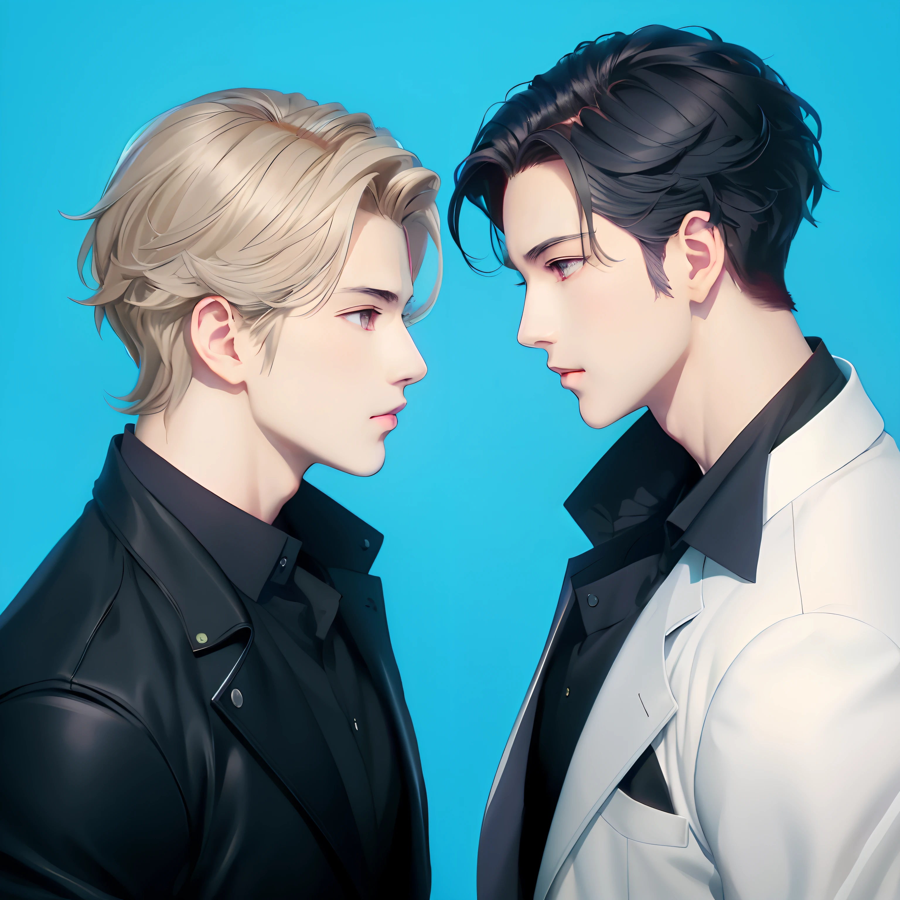 they are two young men in a black and white suit, two anime handsome men, artwork in the style of guweiz, jin shan and ross tran, inspired by Yanjun Cheng, akehiko inoue and ross tran, sakimichan and frank franzzeta, in the art style of bowater, digital anime illustration, petros and leonid
