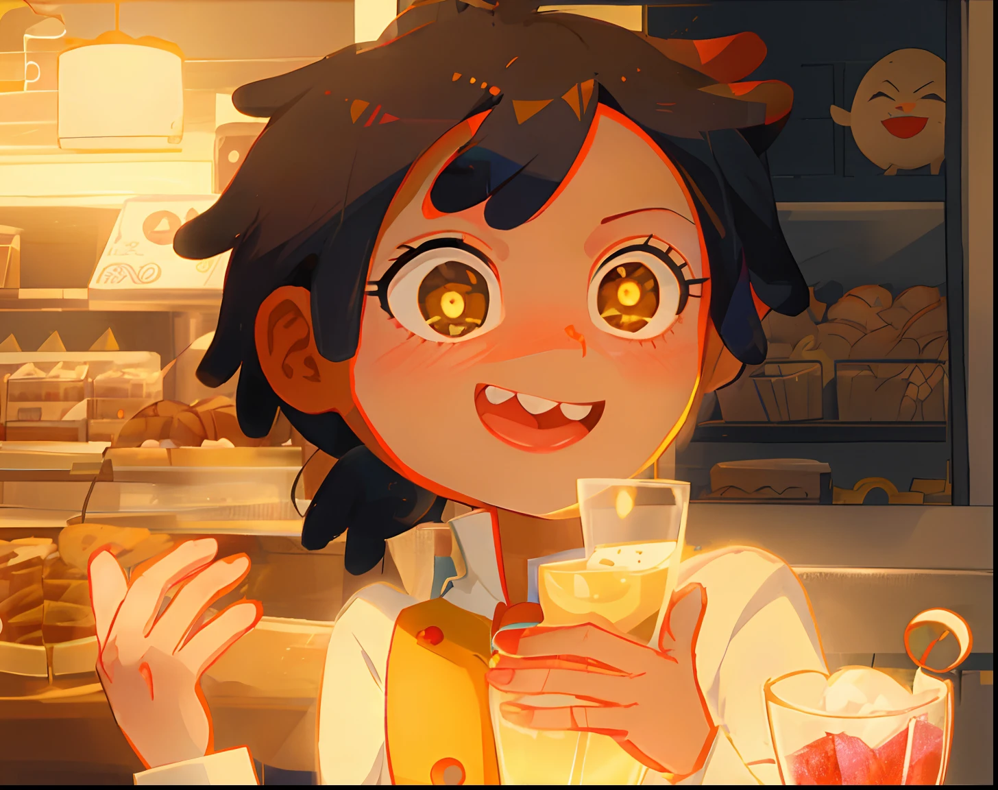 Cartoon of a man holding a glass of wine in a bakery, Brittney Lee, animation still screencap, Hiro, estilo anime", animation movie still, filme ainda de um desenho animado, no filme de anime, um personagem baseado em um haggis, Homem de pele marrom com um sorriso alegre, animado ainda, animation still, infantil, Donald Glover como Miles Morales, rebecca sugar