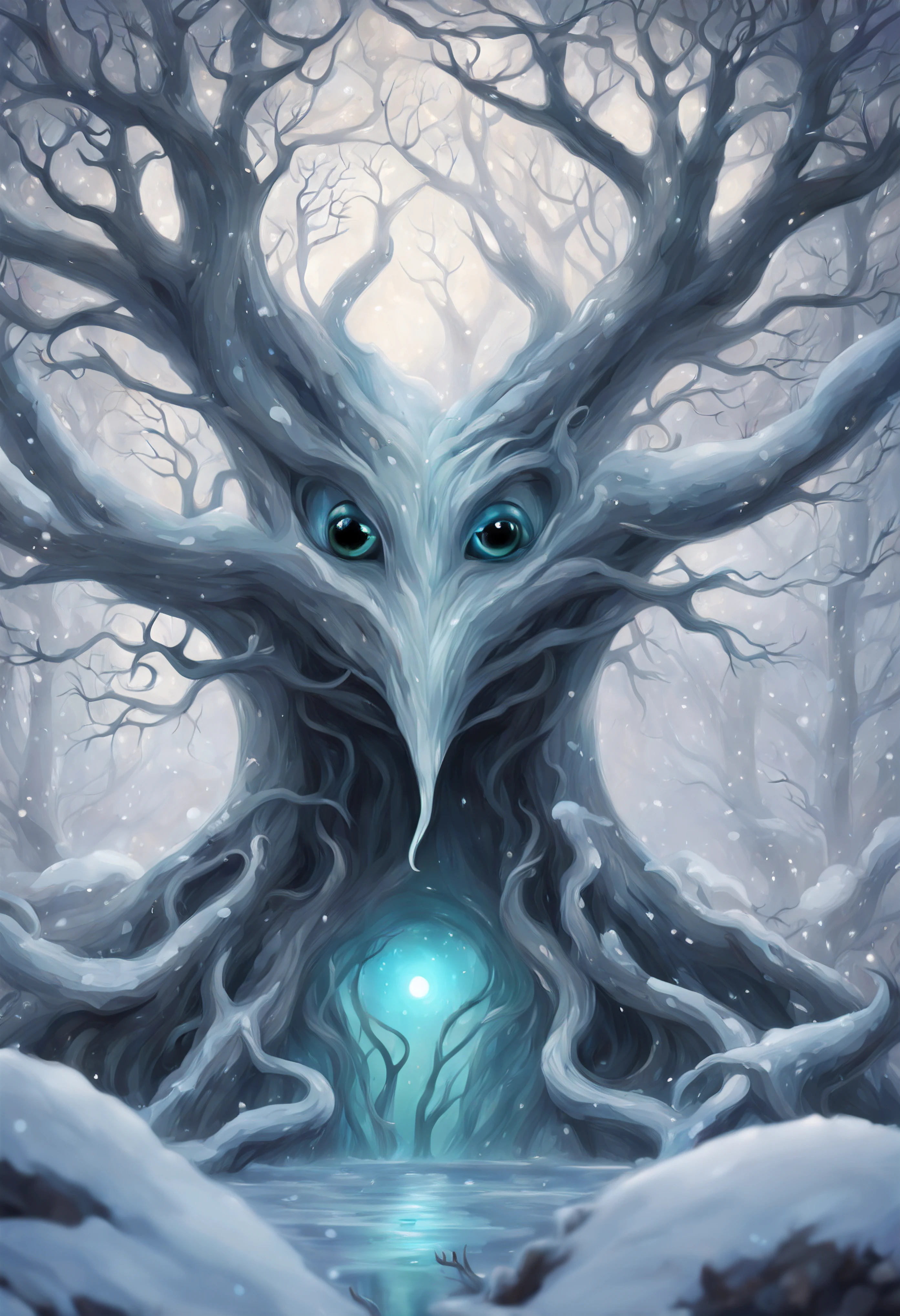 visual paradox, winter landscape, tree of life chibi monster, mouth, eyes, Ethereal, Fluid, Serene, alla prima, fantasy art, Mysterious