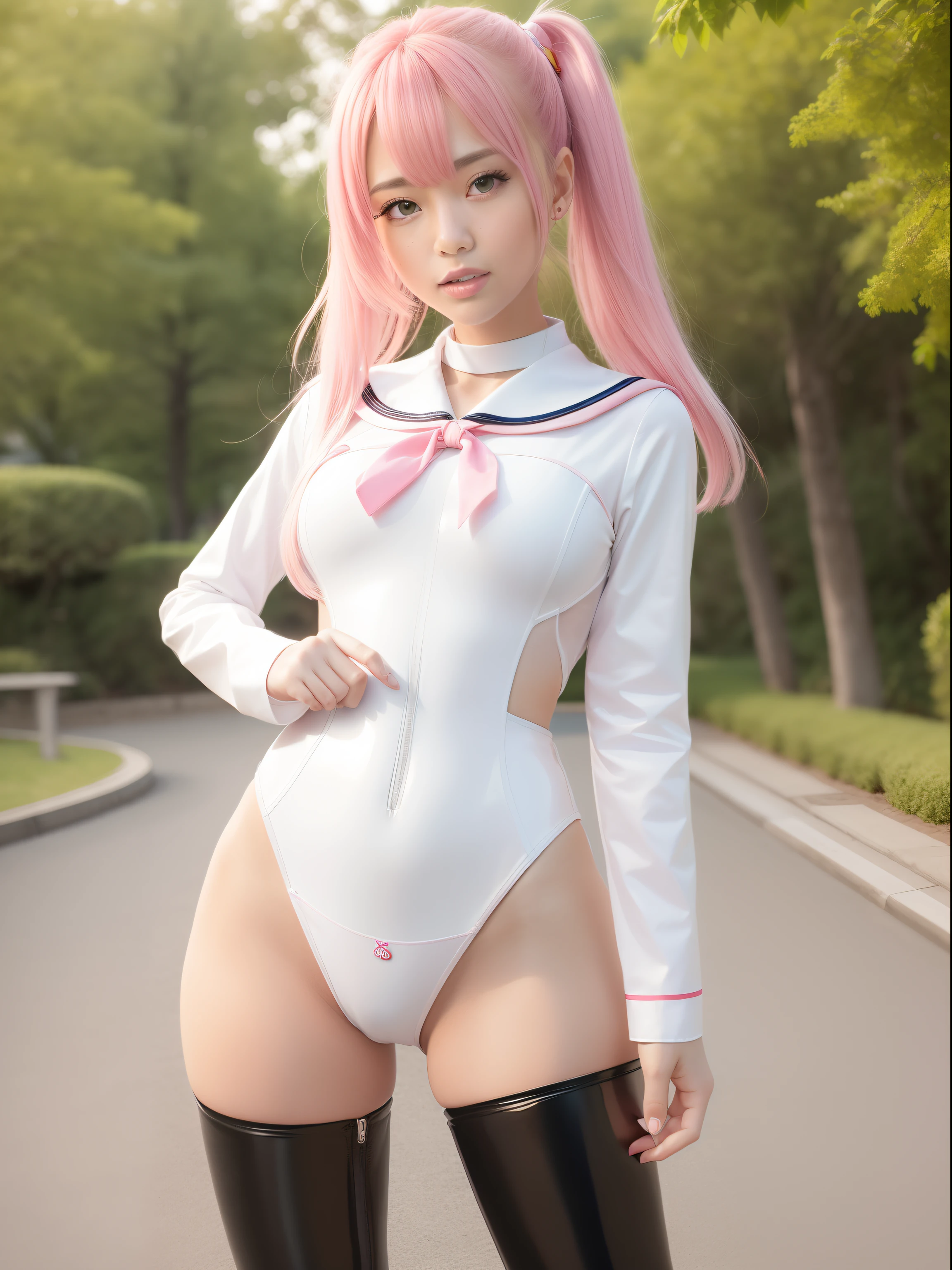 masutepiece,A hyper-realistic,32K,the Extremely Detailed CG Unity 8K Wallpapers, Best Quality,(Many beautiful Japan women),Aligned,(pink shorth hair),((White the Latex Sailor Uniform)),(((Latex Ribbon))),(((Sailor collar))),Female School Uniform,Long sleeve,Long length,Skin fit,Mouth open,A smile,a park,Katyusha,Long boots in black leather