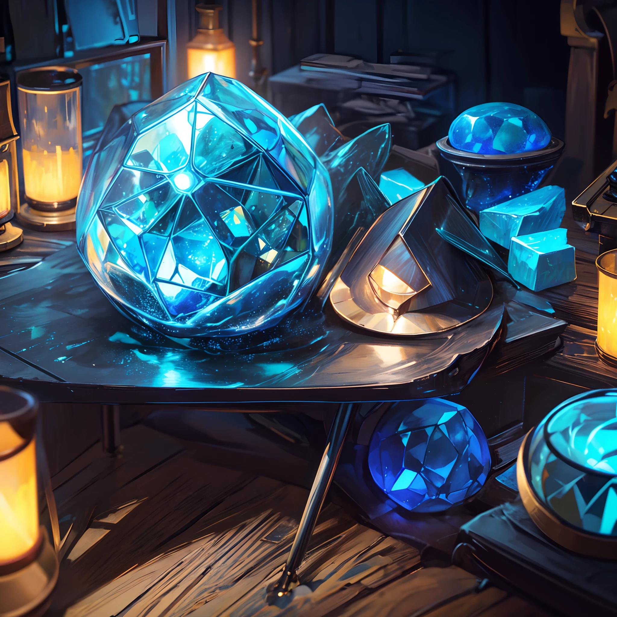 Fantasy concept art, Glowing blue dodecahedron dies on wooden table, In a cozy fantasy (workshop), Tools on the table, art stations, depth of fields, 4K, masutepiece