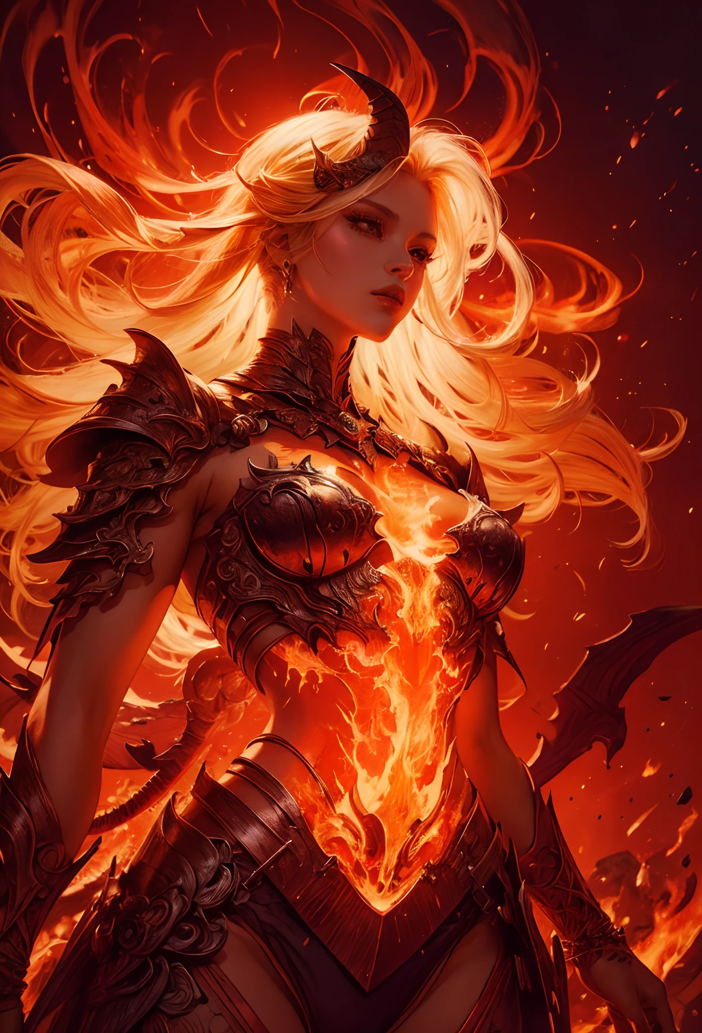 In this masterpiece, a stunning succubus warrior girl stands at the center of the frame, radiating an aura of mystique and beauty. The ultra-detailed 4K image presents her in front of the ominous (gates of hell) (with a vortex of red mana), surrounded by the fiery crater of an erupting volcano. The volumetric lighting casts a warm glow on her porcelain skin, accentuating the intricate details of her (sexy demonic lava armor). Her long, straight blonde hair are beautiful, framing her charming smile and captivating cleavage. The spellbinding atmosphere is punctuated by (thunderstorms and flashes of red lightning) in the surreal dark sky, as if the very heavens are conjuring her presence. The composition masterfully balances depth and complexity, drawing the viewer's gaze to the perfect body, with its flawless anatomy and tantalizing pose. (Dynamic sensual pose), (sexy black armor).