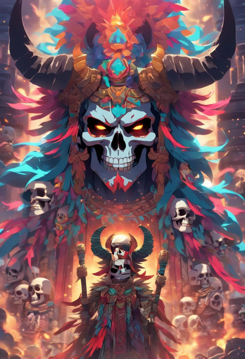 (((Skull God))) best quality, very high resolution, 4K detailed CG, masterpiece, Mayan mythology, god of death, Cizin, colorful feathers, Mexico, standing pose, Mayan clothing, Mayan city, (( WITH HORNS)) , aesthetics, beautiful image, centered on the screen, standing pose