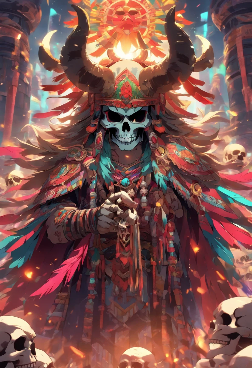 (((Skull God))) best quality, very high resolution, 4K detailed CG, masterpiece, Mayan mythology, god of death, Cizin, colorful feathers, Mexico, standing pose, Mayan clothing, Mayan city, (( WITH HORNS)) , aesthetics, beautiful image, centered on the screen, standing pose