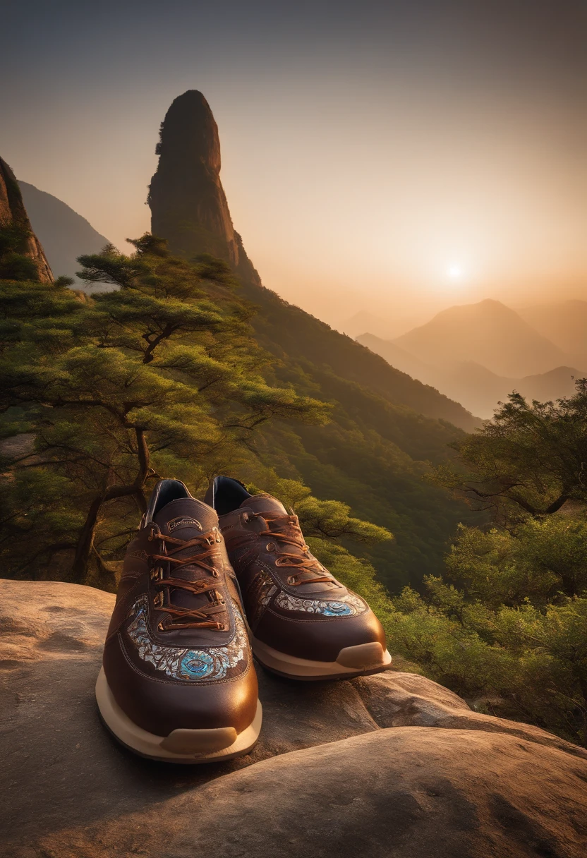 Color photo of the theme features intricate patterns and stark contrasts. The environment description highlights the second exposure of Mount Tai scenery onto the insole of the shoe. The camera model and lens focal length description will depend on the specific equipment used to capture the photo. The composition description will be relative to the input content but is not provided.