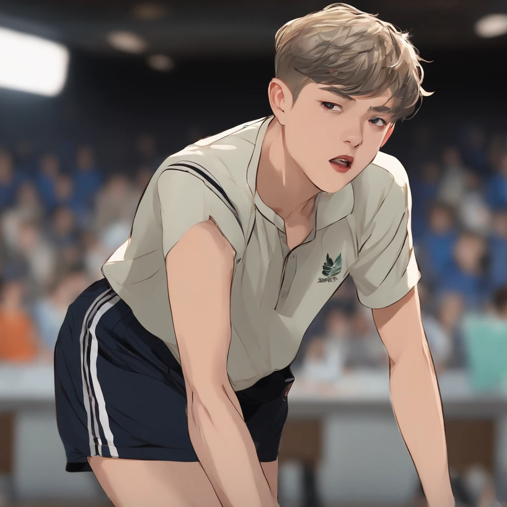 teen ager、High school students,, embarrassed from,invigorating,Shocked、tusk, heat, Shut up,Facing this way, squinting、Very short hair、bare-legged、jersey