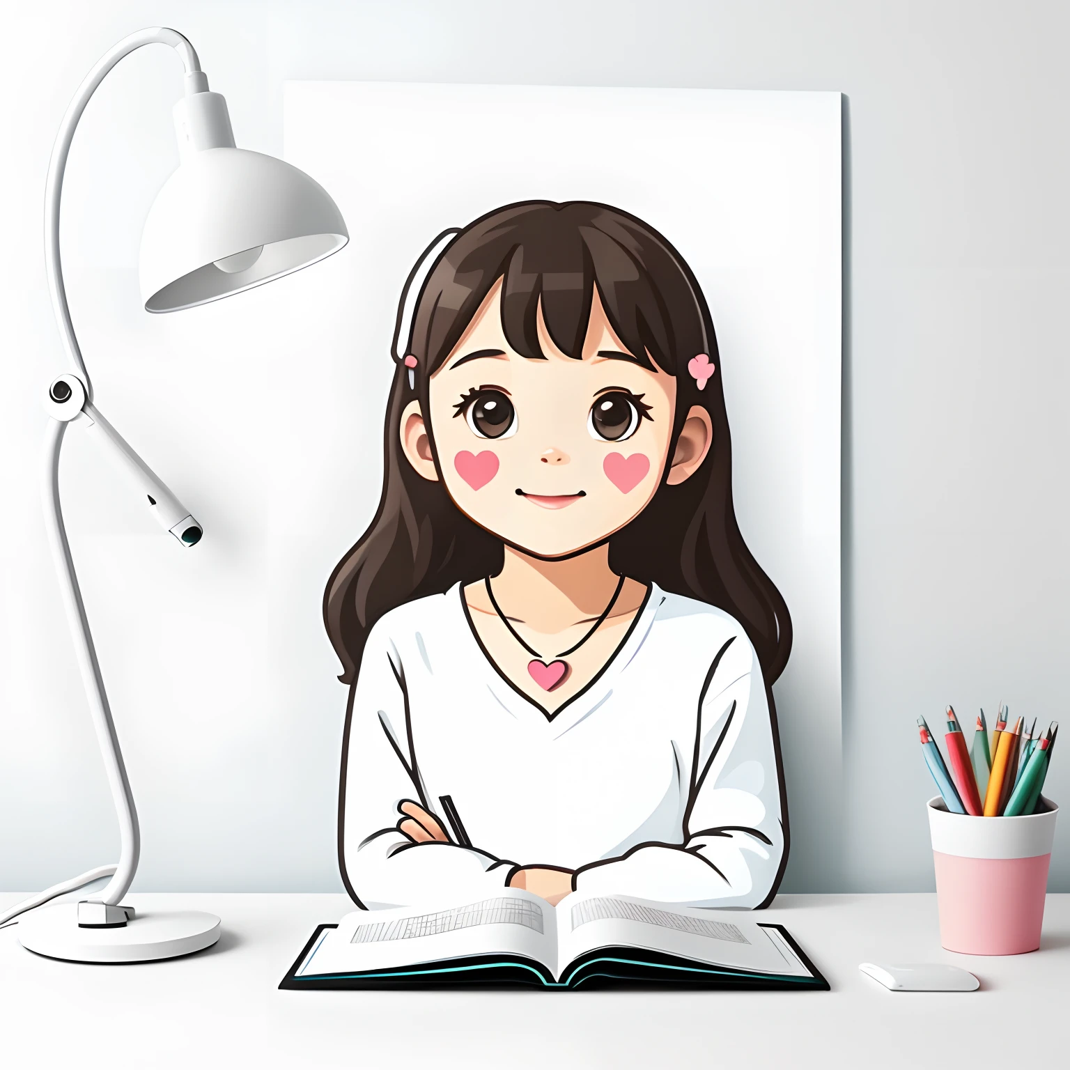 Sticker. heart girl, flat design, head only, cute, kawaii, ((on white paper)), table, (studying room), lamp