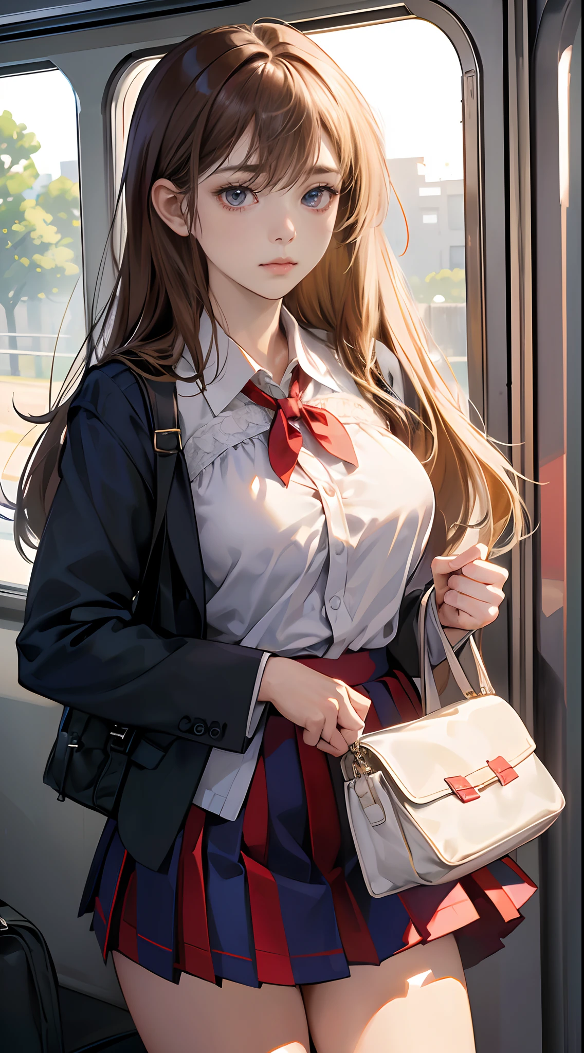 Dark blue blazer、white  shirt、Red Big Ribbon、(Super Mini Flared Skirt), Red tie, White socks, lowfers,Light Brown Fringe Longhair、disheveled hair、Light brown eyes、1girll、(Shy look)、(Photorealsitic)、(intricate detailes:1.2)、(​masterpiece、:1.3)、(top-quality:1.4)、(超A high resolution:1.2)、超A high resolution、(A detailed eye)、(detailed facial features)、nffsw、8K分辨率、、(lensflare:0.7)、((((((爆乳)))))、Valley、Emphasize the valley、a short skirt、Worry about the fact that you can see your underwear、Touching the skirt、beauty legs、Seductive thighs、Emphasis on the thighs、facing the front there、frombelow、Standing on the train、School bag、Stuffed animals in bags