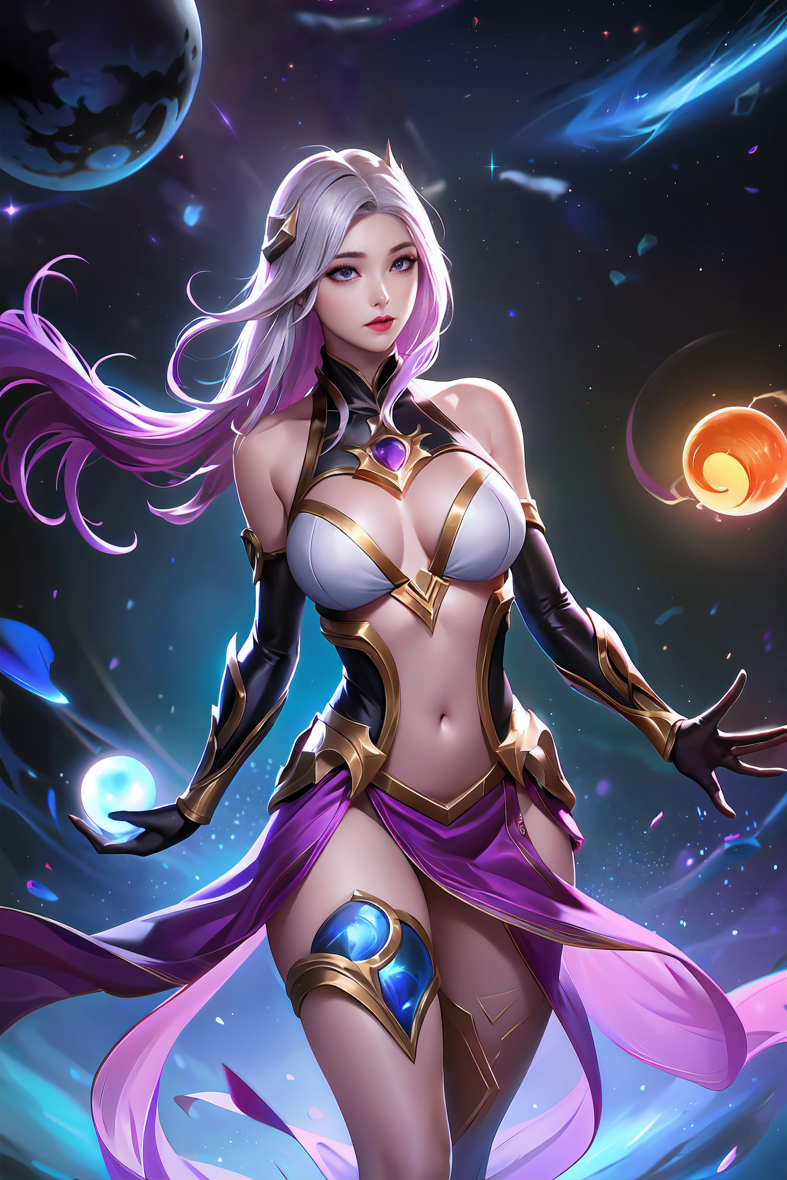 (League of Legends:1.5),Astrid, the Graviton Slinger, is depicted in her splashart as a powerful and enigmatic force, wielding her gravitational manipulation abilities with mastery. The scene takes place in a celestial realm, where stars and cosmic energy illuminate the vastness of space.
Astrid possesses an otherworldly beauty, with flowing silver-white hair that seems to shimmer with the brilliance of distant stars. Her skin has a faint celestial glow, radiating with the power she commands. She wears a sleek, futuristic suit adorned with intricate patterns that resemble constellations and gravitational fields. The suit hugs her figure, emphasizing her strength and agility.
In the center of her palms, Astrid generates orbs of gravitational energy, each pulsating with vibrant hues of purple and blue. These energy orbs form the foundation for her gravitational abilities. Surrounding her, smaller orbs and filaments of energy spin and orbit, representing the gravitational fields she creates and manipulates.
Astrid's eyes emit an intense, piercing gaze, glowing with the same gravitational energy that courses through her. Her expression conveys both focus and determination, revealing her unwavering control over the forces she wields.
The backdrop of the splashart showcases the vast expanse of space, filled with distant galaxies and nebulae. Ethereal strands of gravitational energy weave through the cosmos, forming intricate patterns and connecting celestial bodies. The scene creates a sense of awe and wonder, as Astrid harnesses the fundamental forces of the universe.
The color palette is dominated by deep purples, blues, and blacks, reflecting the cosmic nature of Astrid's powers. The vibrant energy orbs stand out against the dark backdrop, adding a dynamic and captivating element to the splashart, splashart, linhas de corpo, cores vibrantes, detalhes requintados, cinemactic, artstation, rosto detalhado, por rossdraws, por Kienan Laf,normal hands,holding ball,