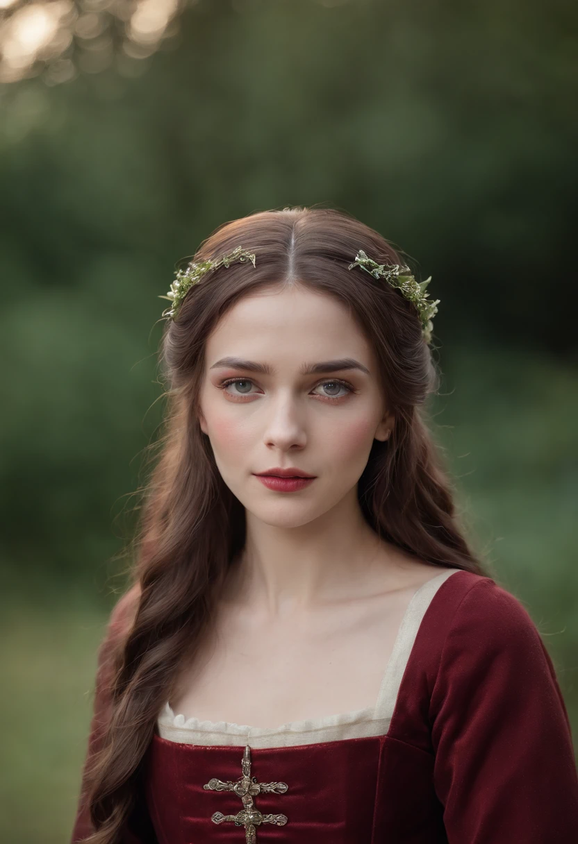 (((A deep red wound streaked across her left cheek))) Fair complexion, A woman around 19 years old, Natural gray hair, Unique green eyes, Wear Cole, Slender and graceful, Beautiful, Candlelight in a medieval setting, super sharp focus, realistic lens, Medieval women's clothing, Four colors (Scar:1.4)