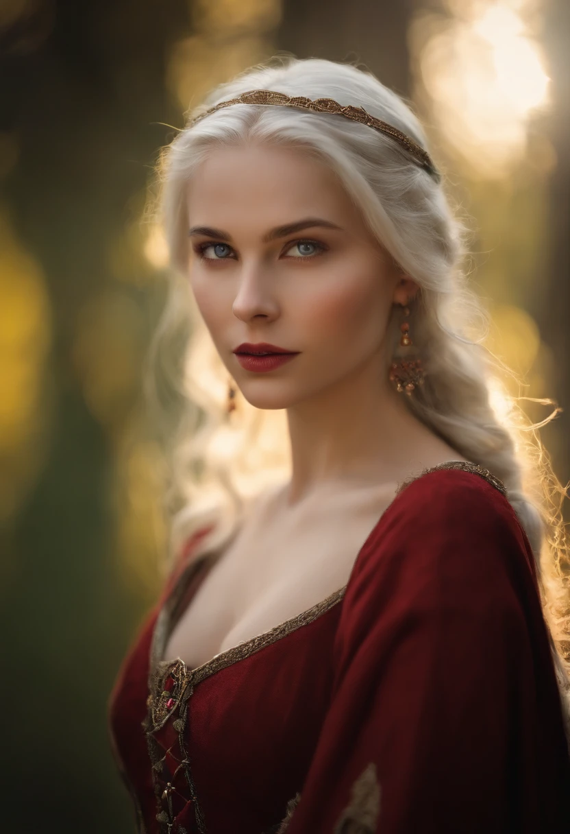 (((A deep, red wound crosses her left cheek))) White complexion, Women around 19 years of age, Natural white hair, Unique green eyes, nude, Slender and elegant, beautiful, Candles in the Middle Ages, ultra sharp focus, Realistic shots, Dressing up in medieval women's clothes, Tetradic color (scar:1.4), The is visible