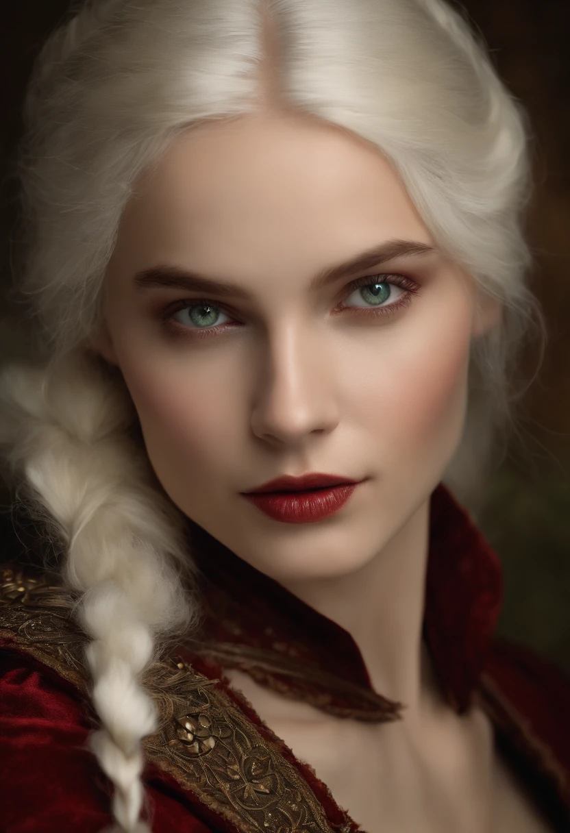 (((A deep, red wound crosses her left cheek))) White complexion, Women around 19 years of age, Natural white hair, Unique green eyes, nude, Slender and elegant, beautiful, Candles in the Middle Ages, ultra sharp focus, Realistic shots, Dressing up in medieval women's clothes, Tetradic color (scar:1.4), The is visible