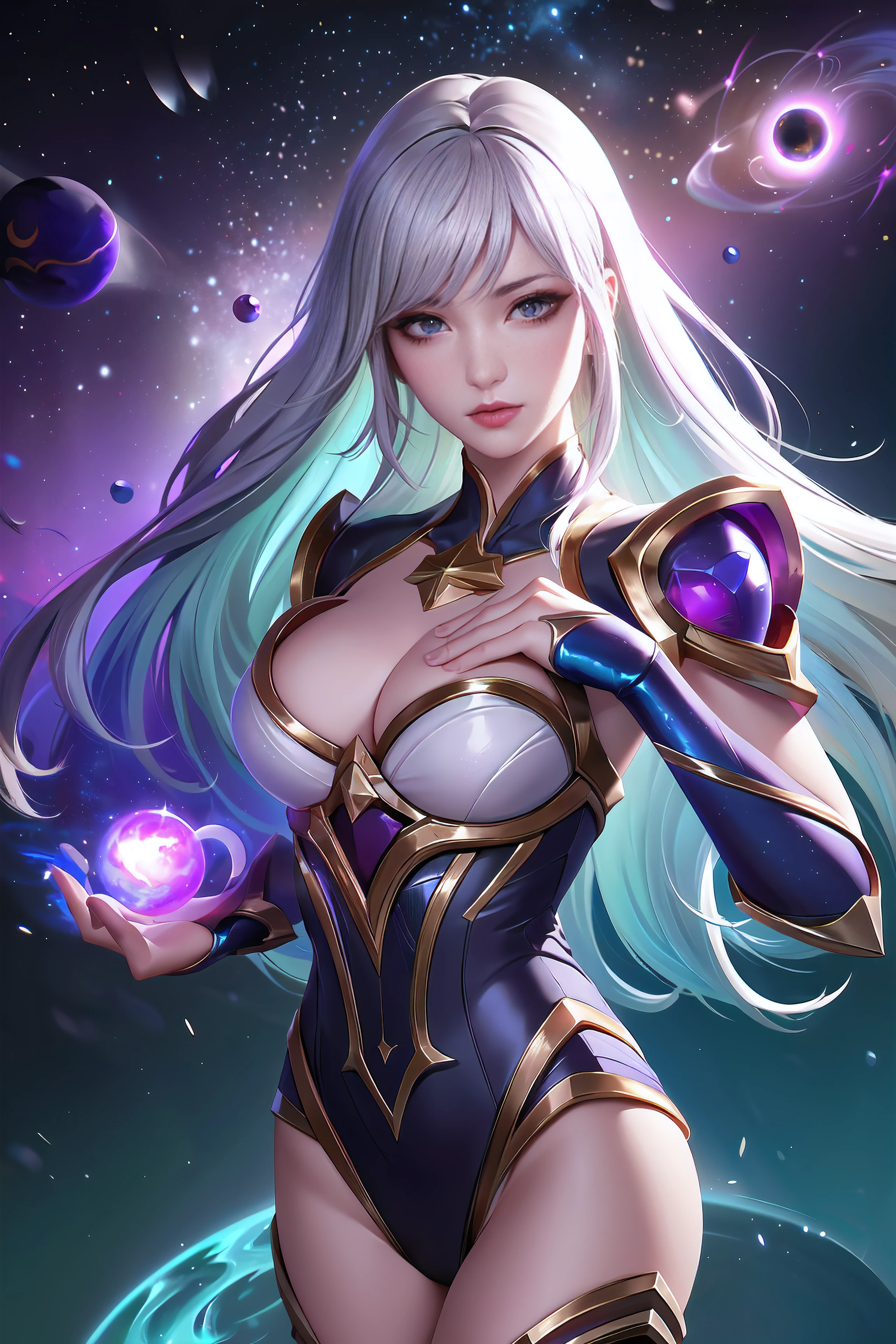 (League of Legends:1.5),Astrid, the Graviton Slinger, is depicted in her splashart as a powerful and enigmatic force, wielding her gravitational manipulation abilities with mastery. The scene takes place in a celestial realm, where stars and cosmic energy illuminate the vastness of space.
Astrid possesses an otherworldly beauty, with flowing silver-white hair that seems to shimmer with the brilliance of distant stars. Her skin has a faint celestial glow, radiating with the power she commands. She wears a sleek, futuristic suit adorned with intricate patterns that resemble constellations and gravitational fields. The suit hugs her figure, emphasizing her strength and agility.
In the center of her palms, Astrid generates orbs of gravitational energy, each pulsating with vibrant hues of purple and blue. These energy orbs form the foundation for her gravitational abilities. Surrounding her, smaller orbs and filaments of energy spin and orbit, representing the gravitational fields she creates and manipulates.
Astrid's eyes emit an intense, piercing gaze, glowing with the same gravitational energy that courses through her. Her expression conveys both focus and determination, revealing her unwavering control over the forces she wields.
The backdrop of the splashart showcases the vast expanse of space, filled with distant galaxies and nebulae. Ethereal strands of gravitational energy weave through the cosmos, forming intricate patterns and connecting celestial bodies. The scene creates a sense of awe and wonder, as Astrid harnesses the fundamental forces of the universe.
The color palette is dominated by deep purples, blues, and blacks, reflecting the cosmic nature of Astrid's powers. The vibrant energy orbs stand out against the dark backdrop, adding a dynamic and captivating element to the splashart, splashart, linhas de corpo, cores vibrantes, detalhes requintados, cinemactic, artstation, rosto detalhado, por rossdraws, por Kienan Laf,normal hands,holding ball,