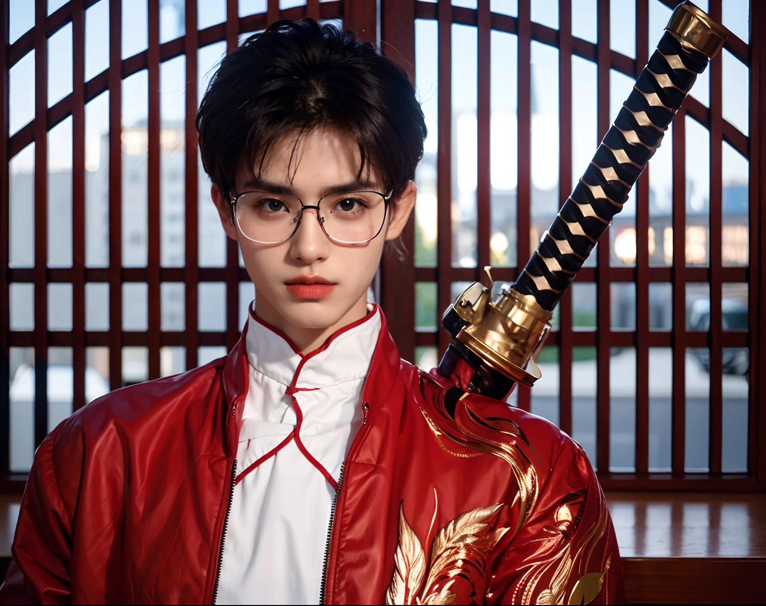 1 man, 20 years old, detailed face , ultra HD, 8K, red blouse, black shirt , glasses, gentleman, white background
