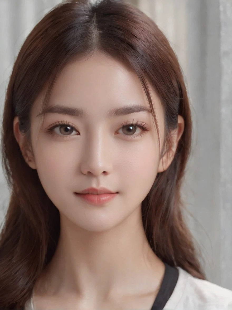 ((masterpiece, top quality, high definition)), one girl, (photorealistic: 1.4), solo, white background, snow-white background, ((from above, slightly above, looking up at the viewer, looking up, looking up at the camera, staring at the camera)), mouth closed, happy smile, happy smile, happy smile, pretty black hair, short hair, big eyes, clear double eyelids, eyelashes, ears out, long neck, long neck, absolute area, (draw all head, shoulders), 19 years old, attractive proportions, shiny skin, clean collarbone, face in golden proportions, perfect face, tearful mole, mole on chest, bangs, clean bangs, lip gloss, thin lips, fair skin, naked, small face, small face, draw all head, draw all shoulders,