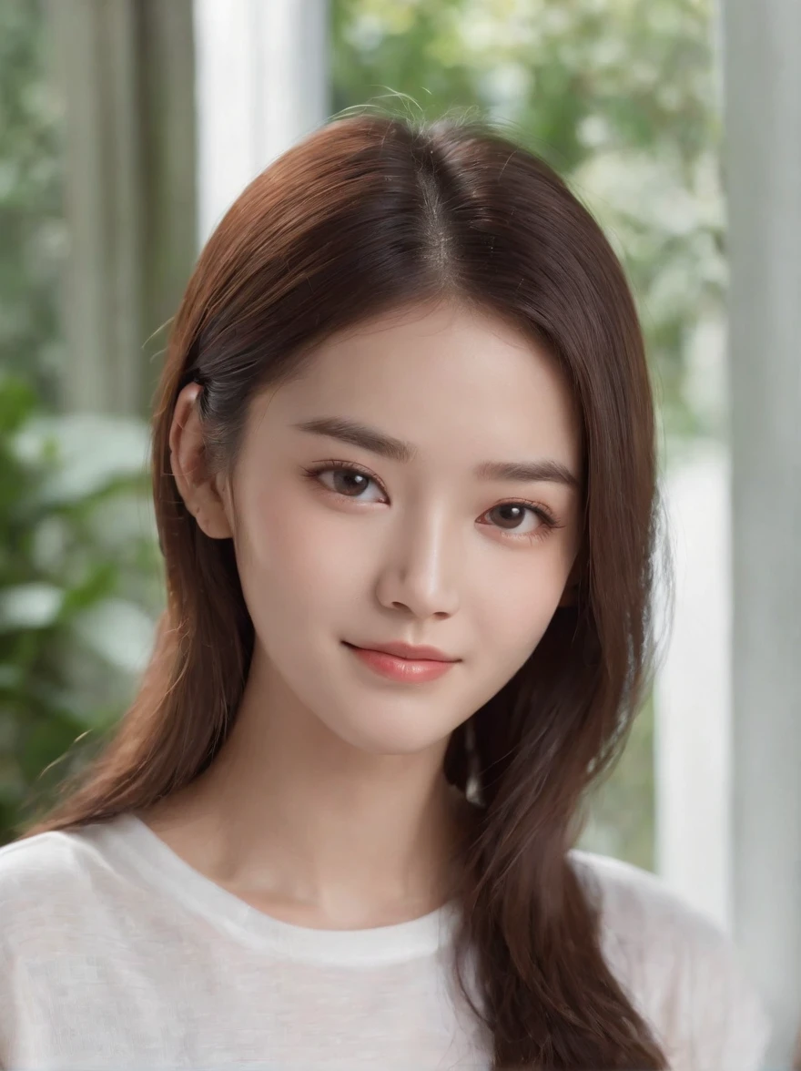 (Photo: 1.3) in the (Realistic: 1.3), Women in Japan, 18 year old girl、a beautiful detailed girl、Beautiful fine eyes、a smile、Soft light, Clear face, (front), ((White T-shirt)), Cheerful, Warm light, ((Gray-white gradient background)), (Background)) 、avatar,(shinny hair),Beautiful,年轻,,Medium hair,((avatar))、The upper part of the body、Constricted waist、(medium chest)、is standing、