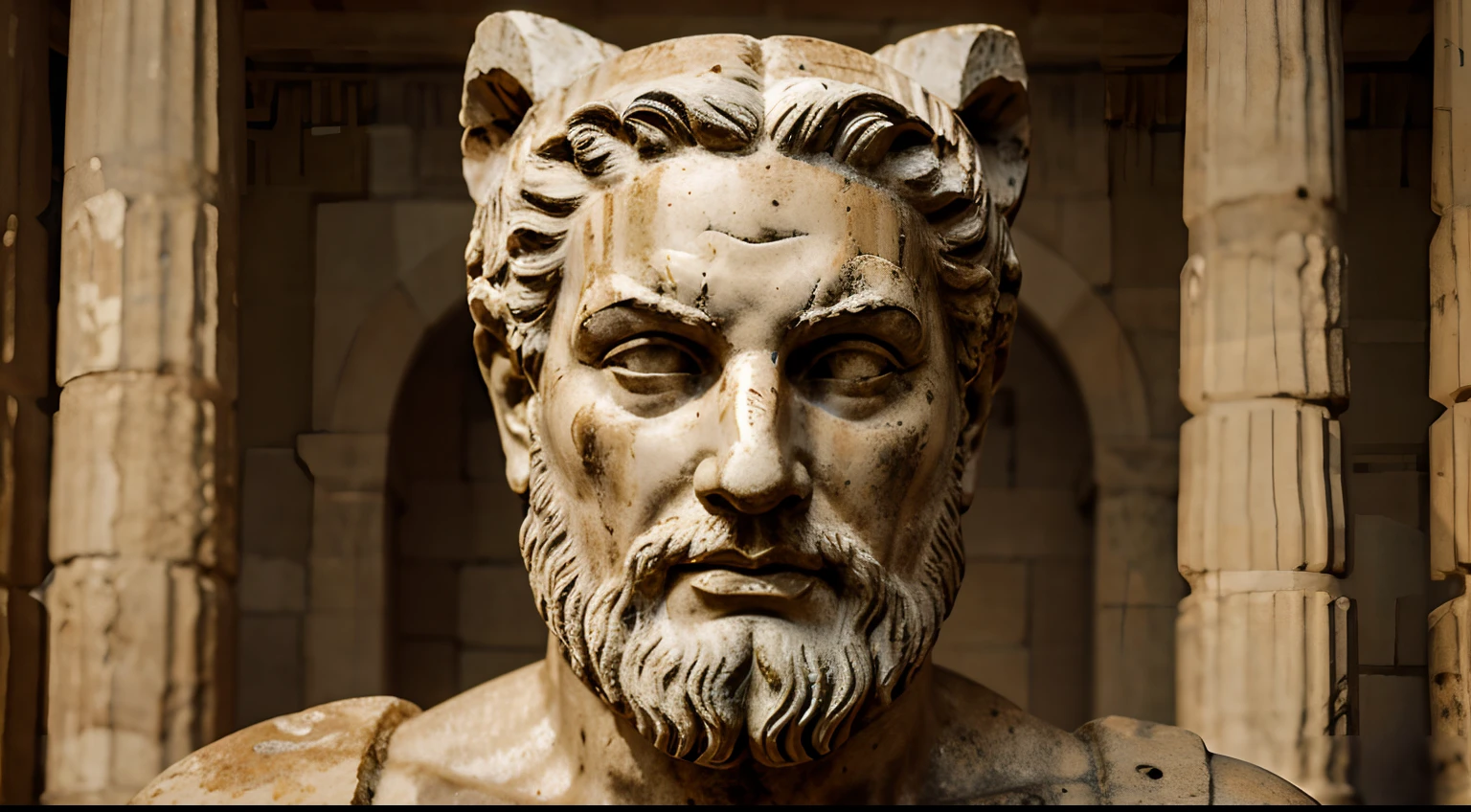 Ancient Greek statue with angry expression, tem barba, Filmado em Sony A7S III com Sony FE 35mm f/1.8, 12.1 MP, --AR 3:2 --estilo cru