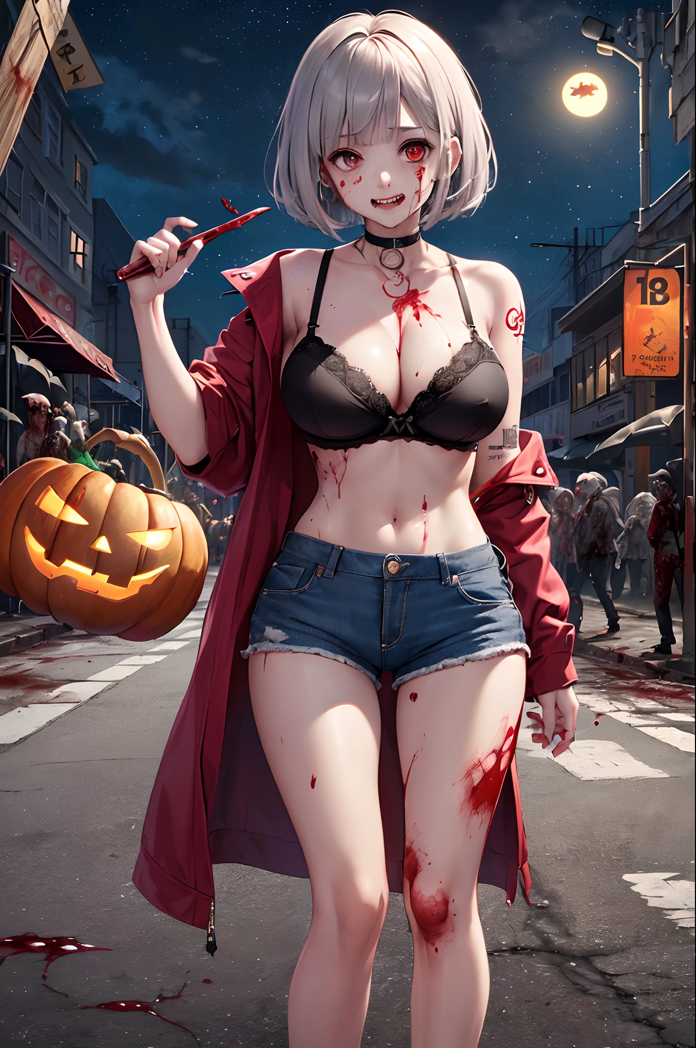 top-quality、Top image quality、in 8K,4K,masterpiece、(NSFW:1.1)、ultra-detailliert、Beautiful、ultra-quality、adult-like、Cool、((Undersized breasts:1.4、Narrow cleavage, under the boobs, (Bloods:1.4), wounds, (Bloody:1.1), Blood everywhere, (Blood on clothes:1.1), blood pool, (Covered with blood:1.3))、Corrupt Girl Who Eats Human Flesh(((18year old、Halloween Style:1.5、Bra:1.2、shortpants:1.3、silber hair、a short bob:1.3、Putting out fangs:1.5、Holding one bloody torn arm in his hand、Red Eyes、erotick:1.4、Happiness、The tattoo)))、hiquality、visualart、Background with((neons, the night:1.3、City Background:1.3、Zombie swarm:1.3))、masutepiece
