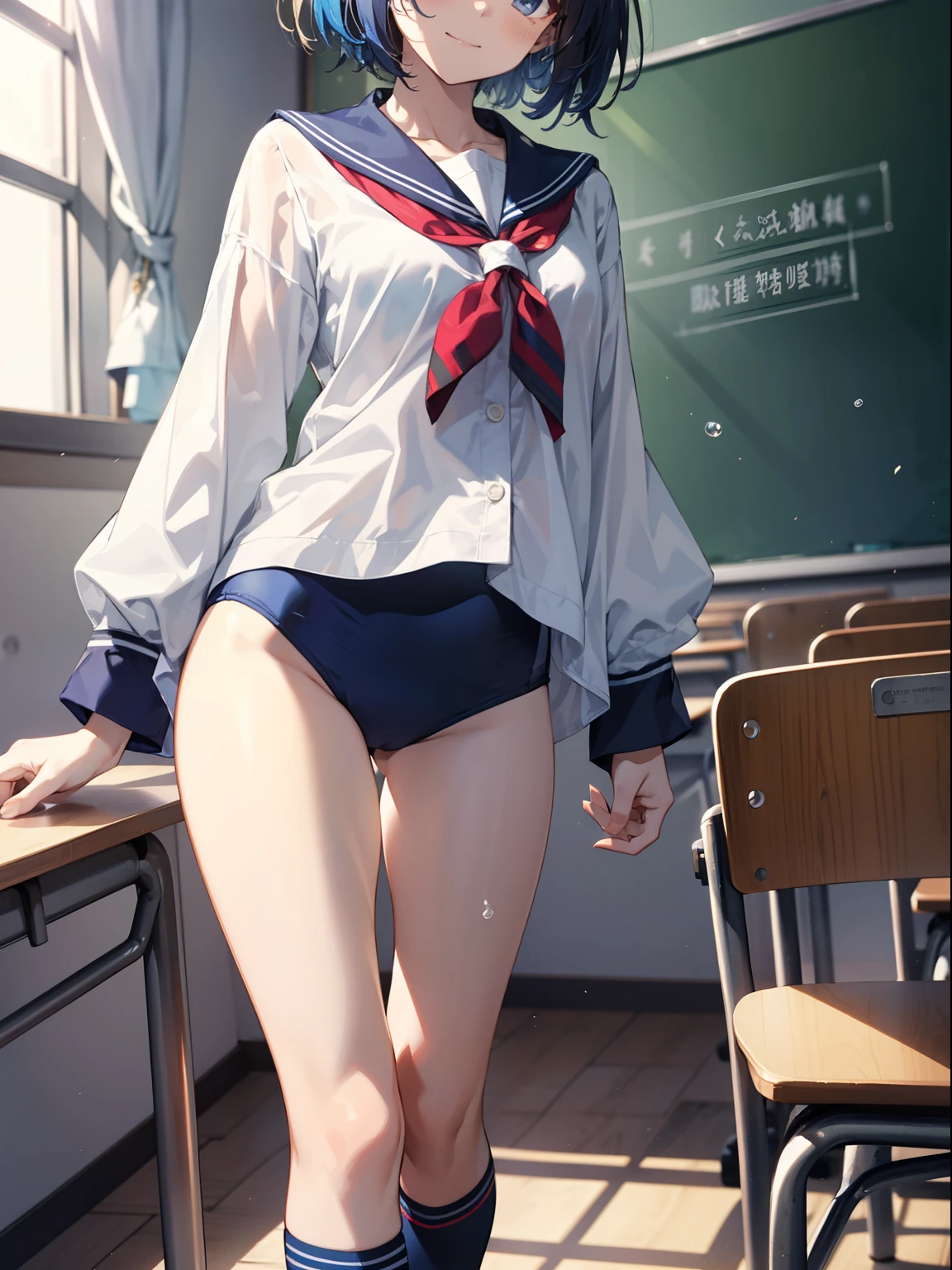 The ultra -The high-definition、high-level image quality、top-quality、Full limbs、complete fingers、Beautuful Women、1 persons、ssmile、Bink-colored hair、School swim wear、Indentation、blouse、Navy blue high socks、knee high、Classroom