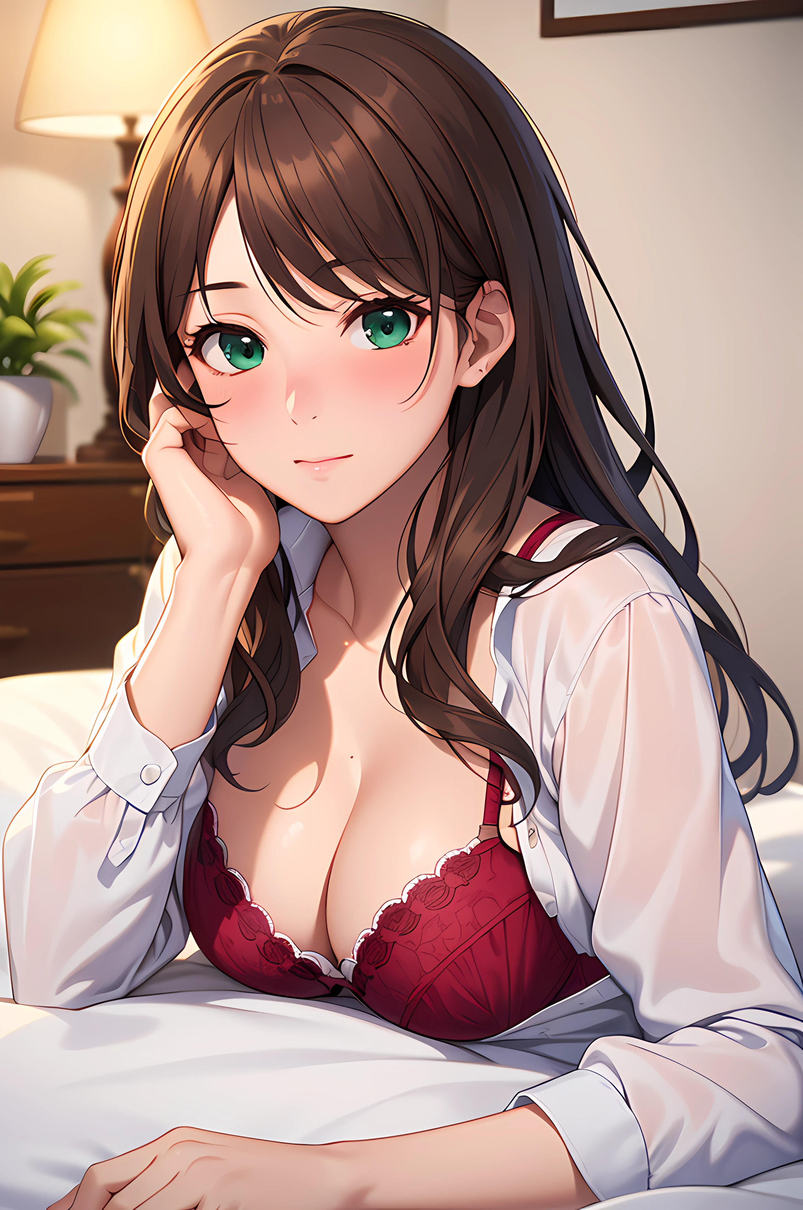 ((nsfw:1.8, masterpiece, best quality, highres, UHD, perfect pixel, depth of field, 4k, RTX, HDR)), 1girl, single, solo, beautiful anime girl, official art, beautiful artstyle, anime character, ((long hair, parted bangs, brown hair)), (green eyes:1.4, rounded eyes, beautiful eyelashes, realistic eyes), (detailed face, blushing:1.2), (smooth texture:0.75, realistic texture:0.65, photorealistic:1.1, anime CG style), medium breasts, perfect body, busty, cleavage, (pov, close up), (white shirt, long sleeve), ((bra:1.5, maroon bra color, panties)), natural light, indoor, bedroom, ((lying on the bed, sleeping pose, supine))