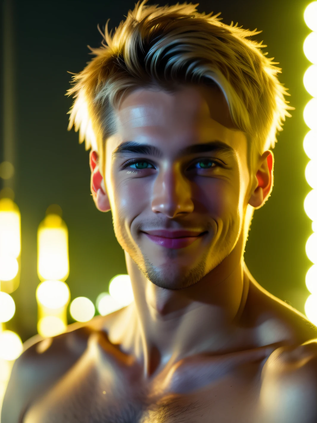 nighttime scene, Close-up photo of sexy guy, 30 years, Posing, looks at the camera and smiles, blond short hair, (green colored eyes: 0,8), Cute young face, Soft volumetric light, (Backlit: 1,3), (Filmic: 1.3), Complicated details, (ArtStation: 1.2)