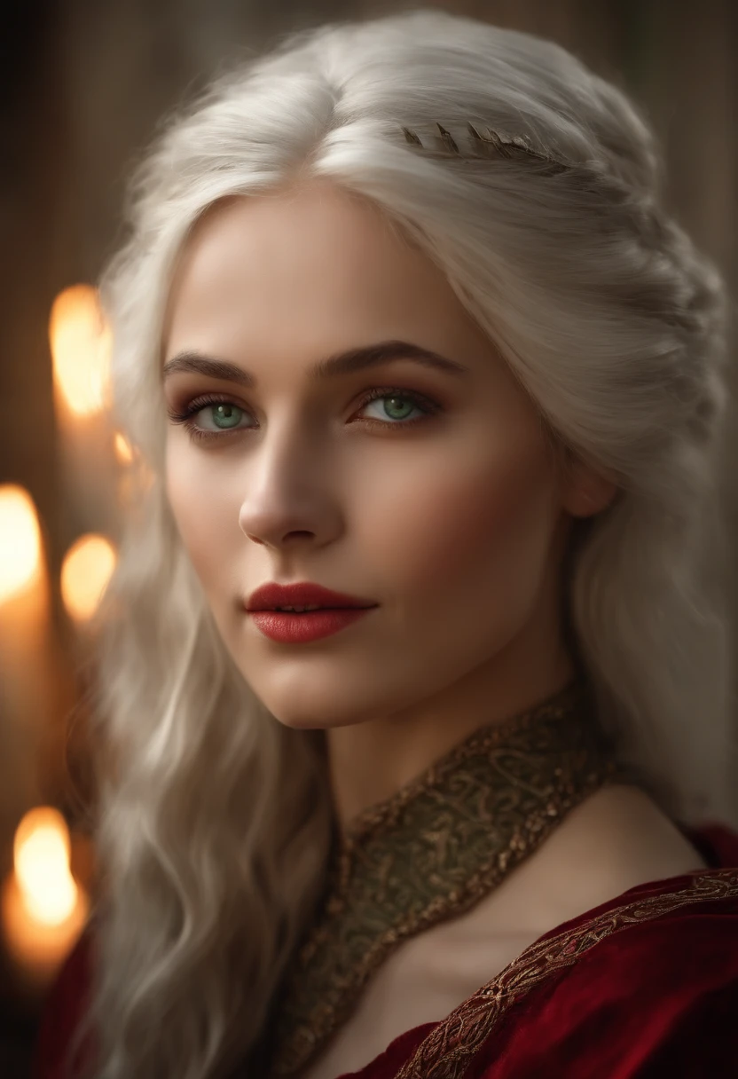 (((A deep, red wound crosses her left cheek))) White complexion, Women around 19 years of age, Natural white hair, Unique green eyes, (I'm taking off all my clothes), Slender and elegant, beautiful, Candles in the Middle Ages, ultra sharp focus, Realistic shots, Dressing up in medieval women's clothes, Tetradic color (scar:1.4), (The is visible)