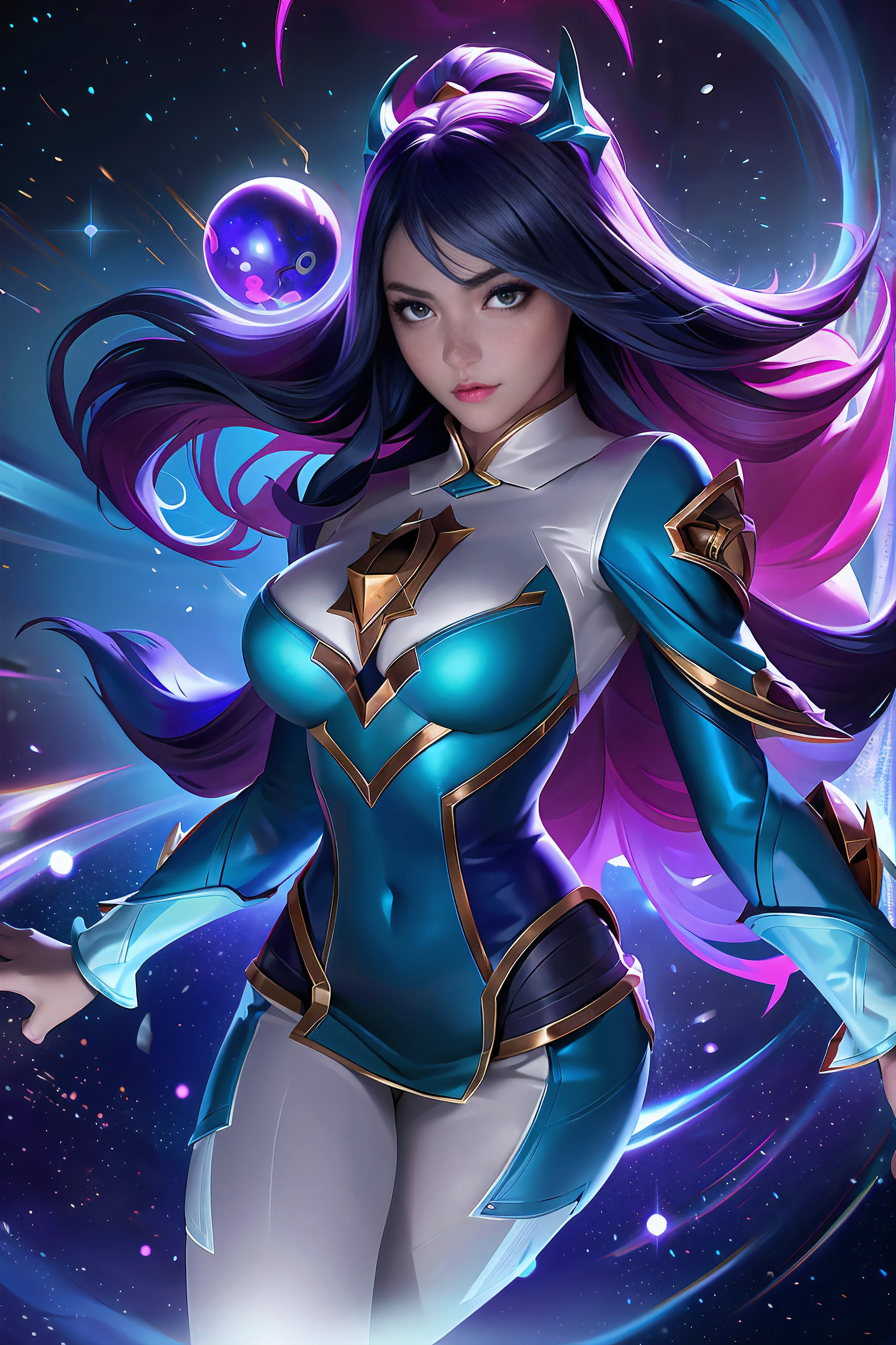 (League of Legends:1.5),Astrid, the Graviton Slinger, is depicted in her splashart as a powerful and enigmatic force, wielding her gravitational manipulation abilities with mastery. The scene takes place in a celestial realm, where stars and cosmic energy illuminate the vastness of space.

Astrid possesses an otherworldly beauty, with flowing silver-white hair that seems to shimmer with the brilliance of distant stars. Her skin has a faint celestial glow, radiating with the power she commands. She wears a sleek, futuristic suit adorned with intricate patterns that resemble constellations and gravitational fields. The suit hugs her figure, emphasizing her strength and agility.

In the center of her palms, Astrid generates orbs of gravitational energy, each pulsating with vibrant hues of purple and blue. These energy orbs form the foundation for her gravitational abilities. Surrounding her, smaller orbs and filaments of energy spin and orbit, representing the gravitational fields she creates and manipulates.

Astrid's eyes emit an intense, piercing gaze, glowing with the same gravitational energy that courses through her. Her expression conveys both focus and determination, revealing her unwavering control over the forces she wields.

The backdrop of the splashart showcases the vast expanse of space, filled with distant galaxies and nebulae. Ethereal strands of gravitational energy weave through the cosmos, forming intricate patterns and connecting celestial bodies. The scene creates a sense of awe and wonder, as Astrid harnesses the fundamental forces of the universe.

The color palette is dominated by deep purples, blues, and blacks, reflecting the cosmic nature of Astrid's powers. The vibrant energy orbs stand out against the dark backdrop, adding a dynamic and captivating element to the splashart, splashart, linhas de corpo, cores vibrantes, detalhes requintados, cinemactic, artstation, rosto detalhado, por rossdraws, por Kienan Laf,normal hands,holding ball,