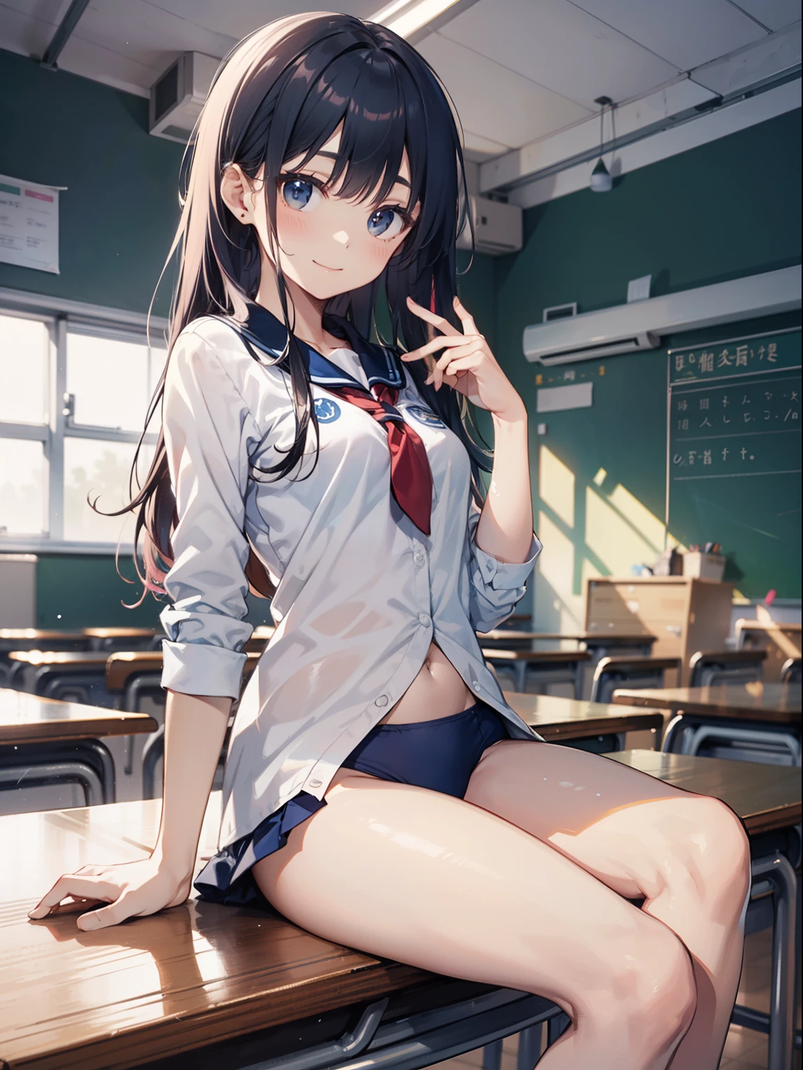 The ultra -The high-definition、high-level image quality、top-quality、Full limbs、complete fingers、Beautuful Women、1 persons、ssmile、Bink-colored hair、School swim wear、Indentation、shirt、Navy blue high socks、knee high、‎Classroom