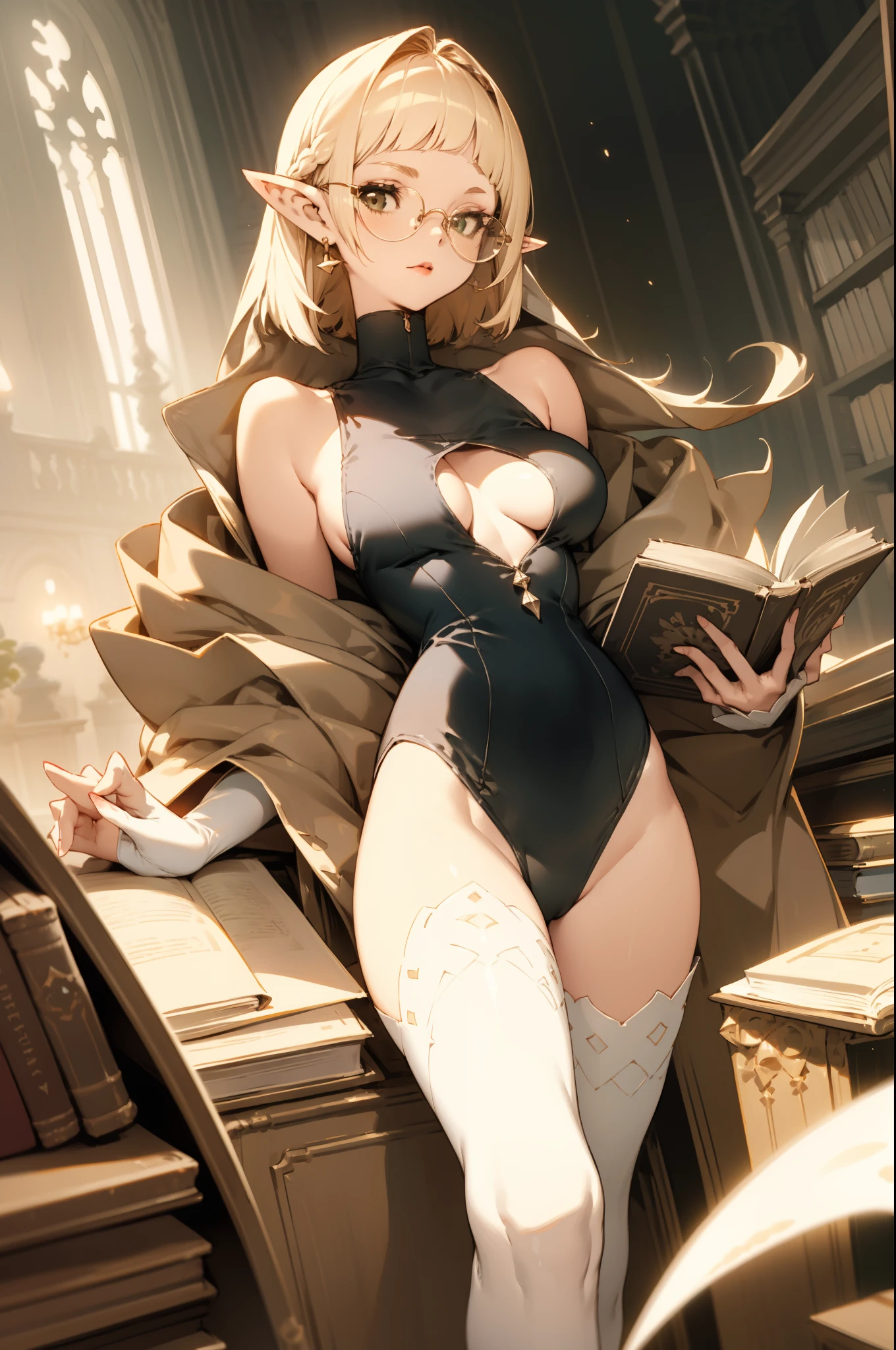 pointy ears，Beige hair，Bigboobs，Two legs，White knee-length stockings，（Princess cut hairstyle），short detailed hair，Sideburns have long hair，wearing round glasses，in library，looking at book，lendo livros，Deep V one-piece swimsuit，succubi