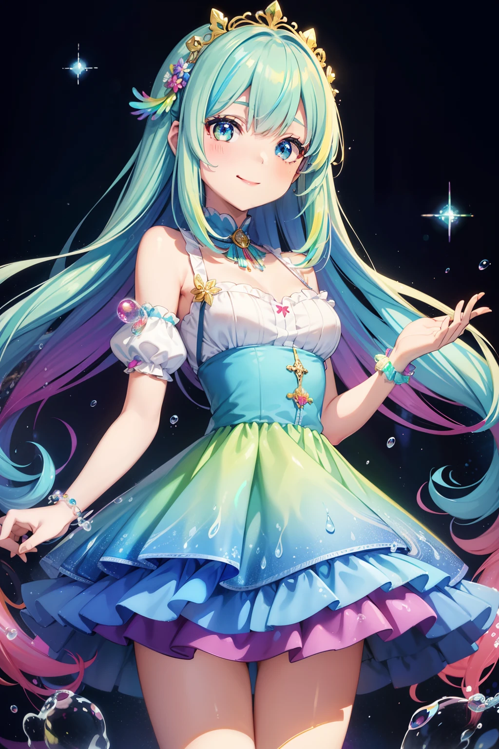 masutepiece, Best Quality, Intricate details,Beautiful Girl, Light blue long hair, Twin-tailed, A charming smile, Sparkling eyes, Otherworldly liquid fantasia background, watercolor paiting, bright vivid colors, capricious, Colorful, Layered Tiered Colorful Dresses, ((iridescent rainbow bubbles))