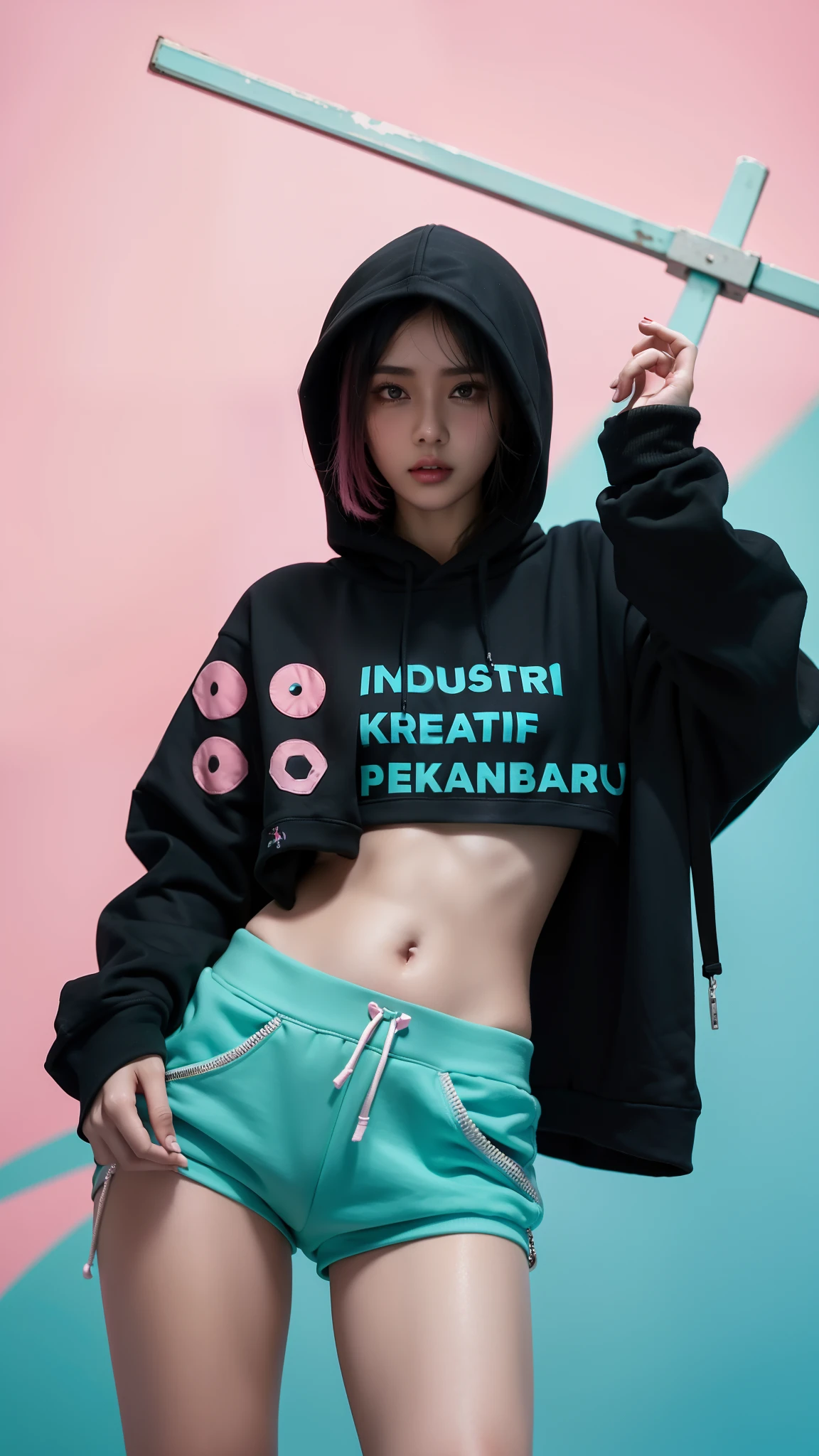 Street Wear, show stomach, hot pants, wet street, cute, Woman, rappelling, cyberpunk, Pink and Cyan background, Dirty City. (Black Hoodie)