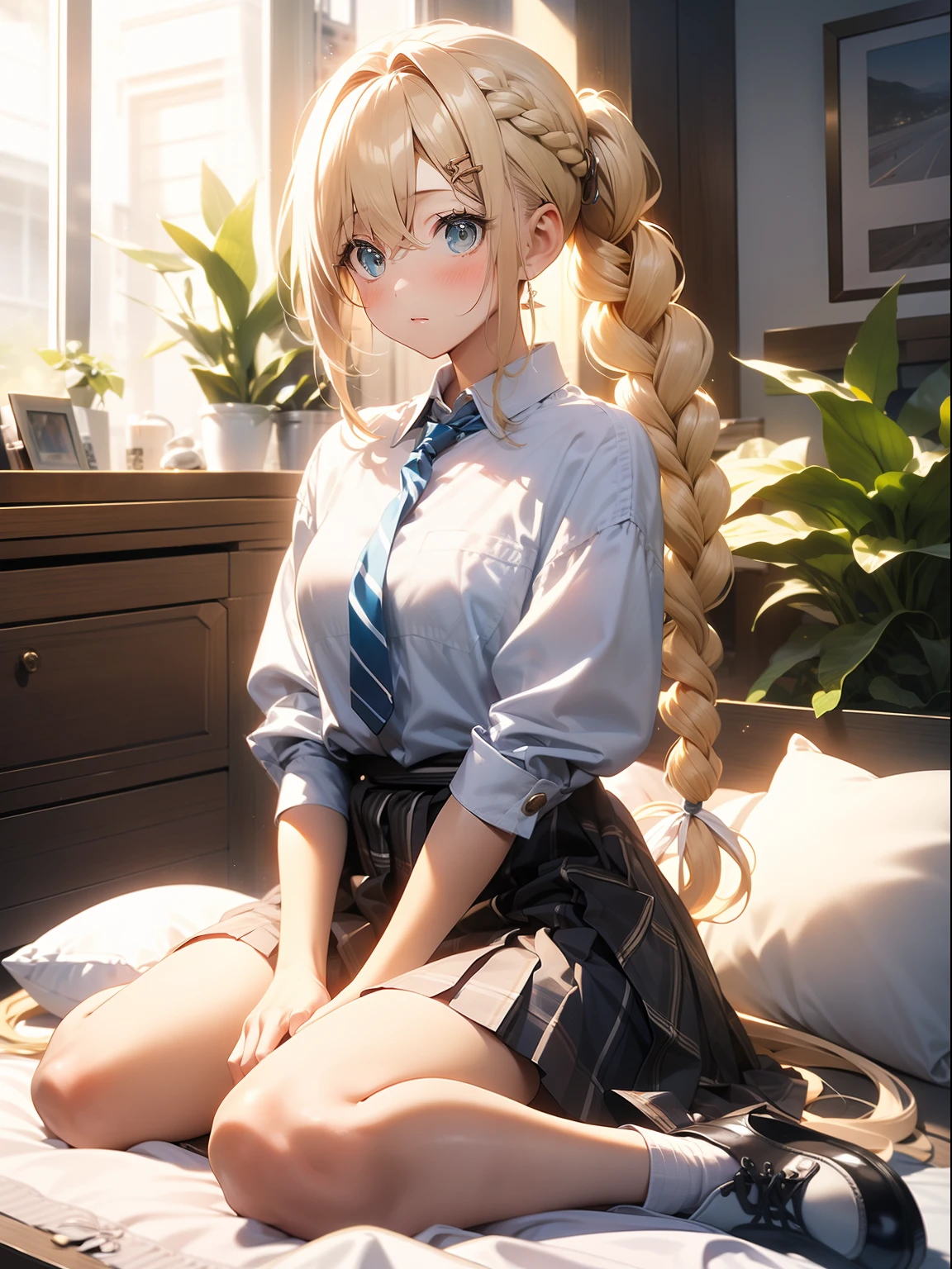 in 8K、top-quality、masterpiece、ultra-detailliert、Ultra-high resolution、((1 persons))、girl with、校服、poneyTail、a blond、Braided hair、makeups、Plaid mini skirt、home、sitting down on the floor、White panty、(bare-legged)