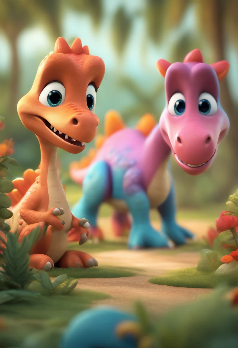 Cute dinosaurs,colorful animations,illustration,Playful,detailed creature,Friendly expressions,Vibrant colors,Interactive artwork,dynamicposes,artistic rendition,Fun and engaging,A high resolution,Ultra-detailed,Physically-based rendering,Lively personality,Expressive eye and facial features,Dynamic movements,Interesting environment,Animation features,Imaginative landscape,Evoke childlike joy,Colorful Palette,soft and rounded forms,Dynamic lighting and shadows,Vivid tones,bokeh effect,Joyful and whimsical,Delightful scene,Masterpiece:1.2