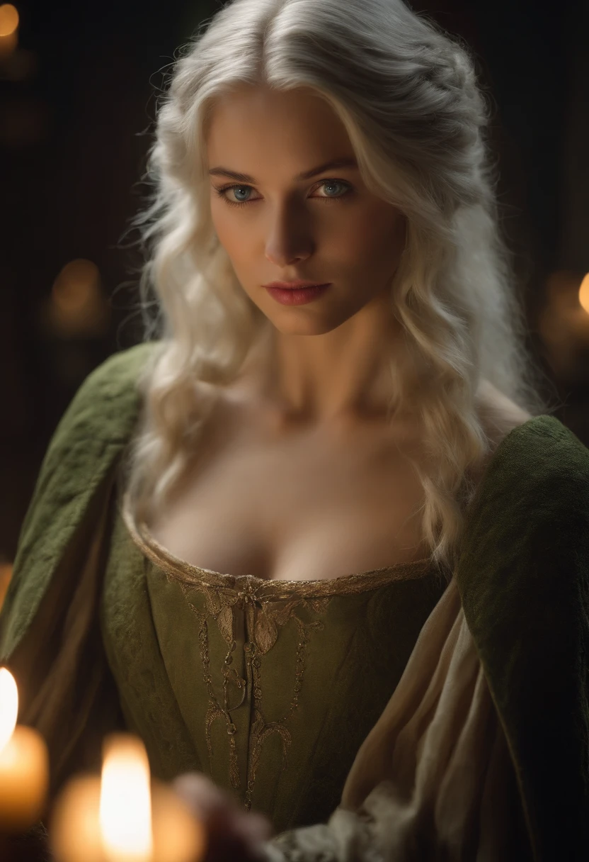 White complexion, Women around 19 years of age, Natural white hair, Unique green eyes, nude, Slender and elegant, beautiful, Candles in the Middle Ages, ultra sharp focus, Realistic shots, Dressing up in medieval women's clothes, Tetradic color (scar:1.4), The is visible