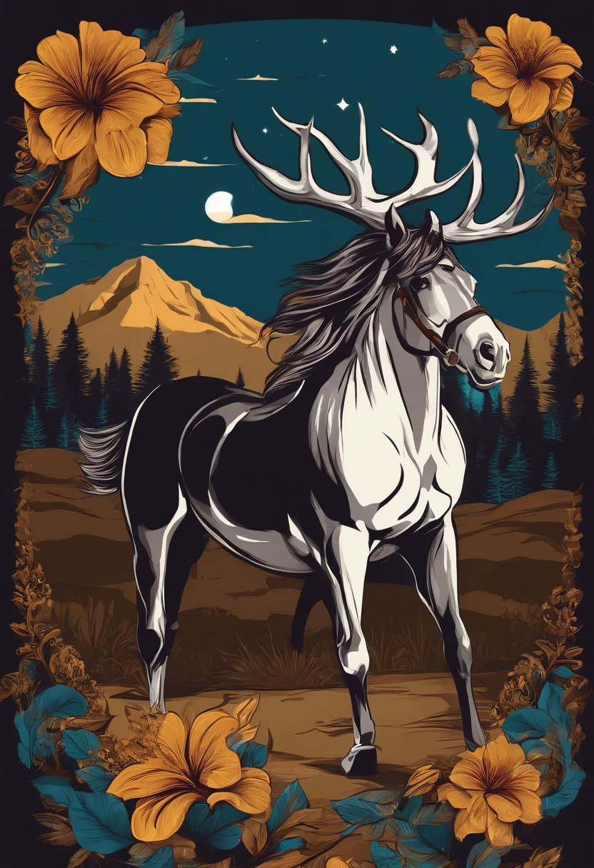 print-ready vector t-shirt design, cena de aventura com cavalo, com belo sol noturno e montanha e um animal ao fundo, fundo branco limpo, vetor profissional, tiro completo, 8K resolution, Deep print illustration