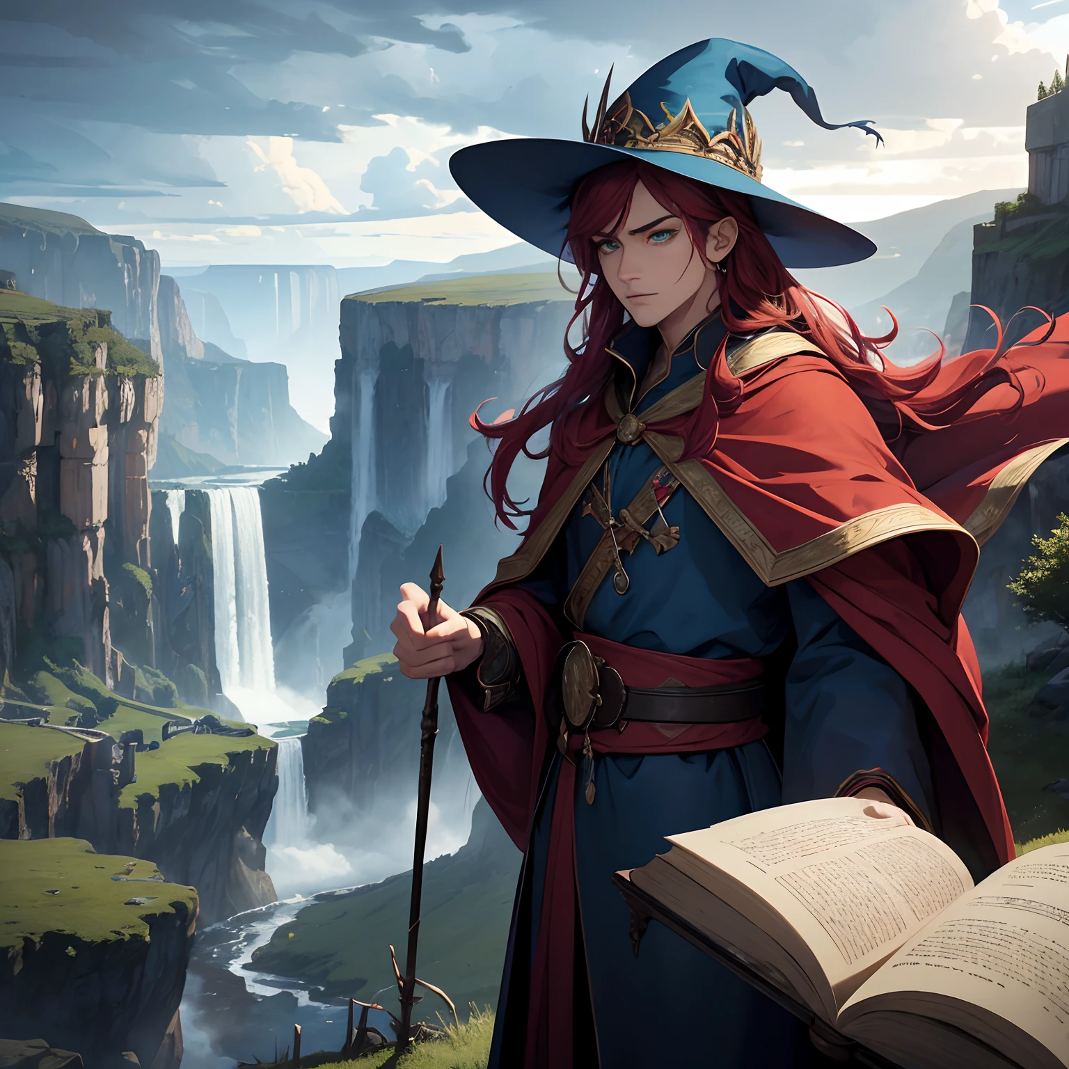 (best quality,ultra-detailed),(realistic:1.37),young men,teen,red head,blue robe,mage robe,green eyes,long hair,braid hair,male,detailed face,pointy hat,ancient book,leaning on a staff,standing on a cliff,overlooking a mystical landscape,ethereal lighting,magical aura,medieval fantasy style,stormy sky,cascading waterfalls,vibrant colors,ominous clouds